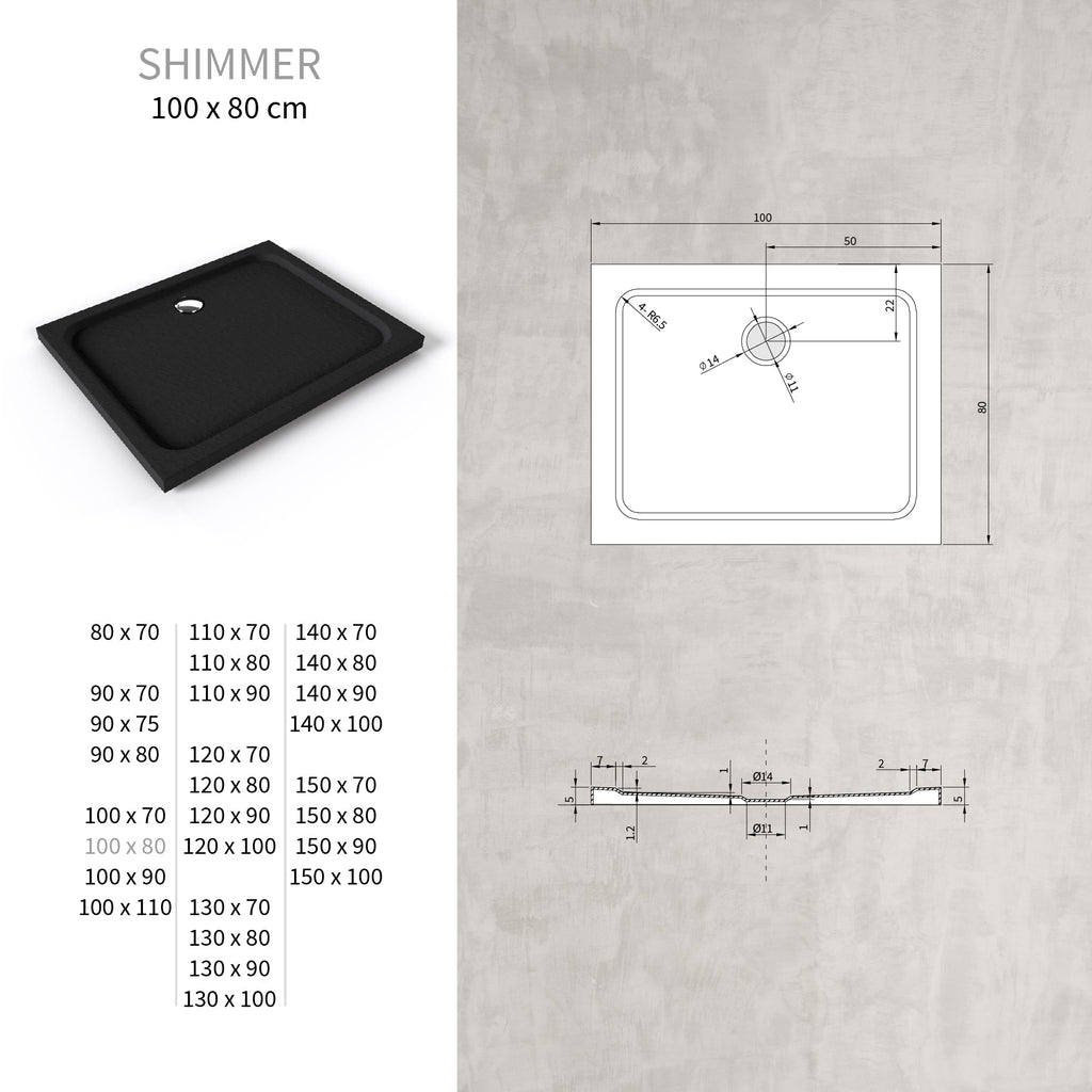 SHIMMER - Piatto doccia nero Stone acrilico, texture pietra, ultrasottile 5 cm, sifone e valvola inclusi