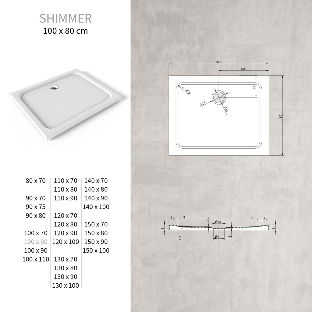 SHIMMER - Piatto doccia bianco Stone acrilico, texture pietra, ultrasottile 5 cm, sifone e valvola inclusi