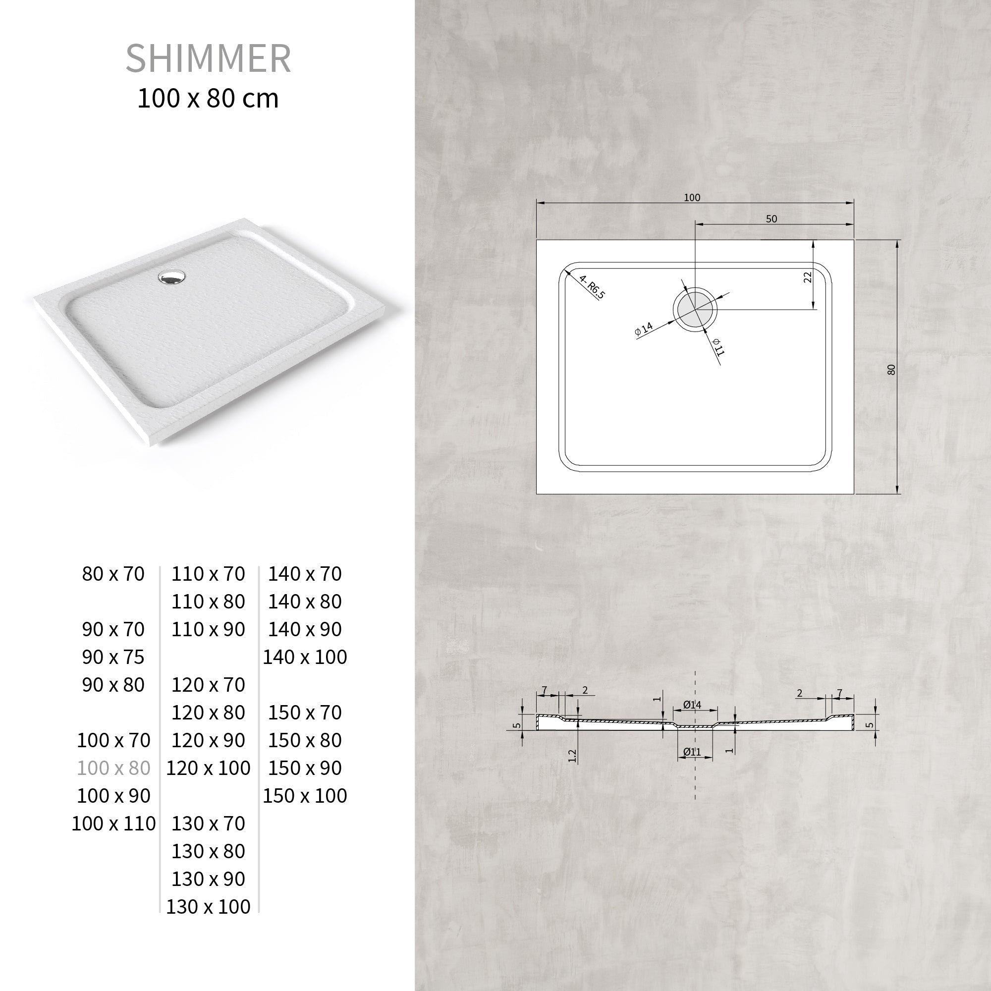 SHIMMER - Piatto doccia bianco Stone acrilico, texture pietra, ultrasottile 5 cm, sifone e valvola inclusi