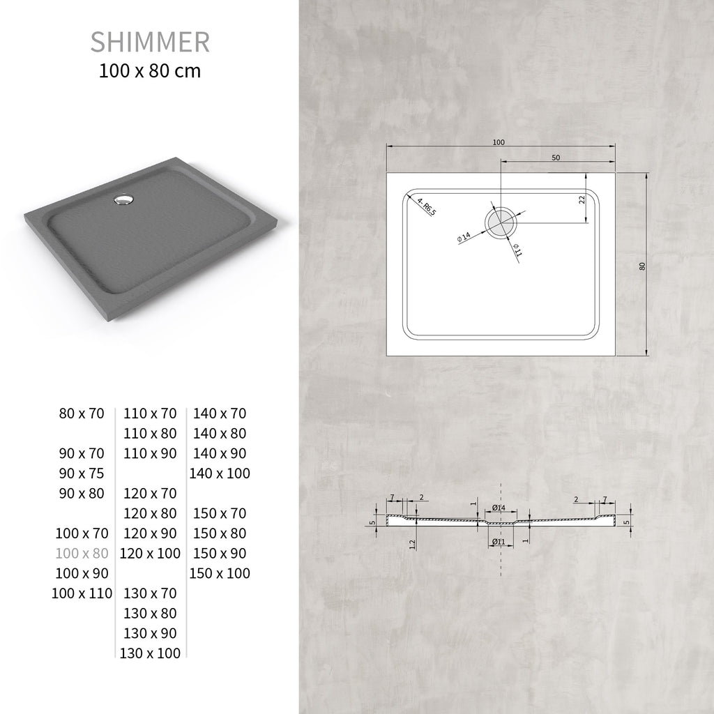 SHIMMER - Piatto doccia grigio Stone acrilico, texture pietra, ultrasottile 5 cm, sifone e valvola inclusi