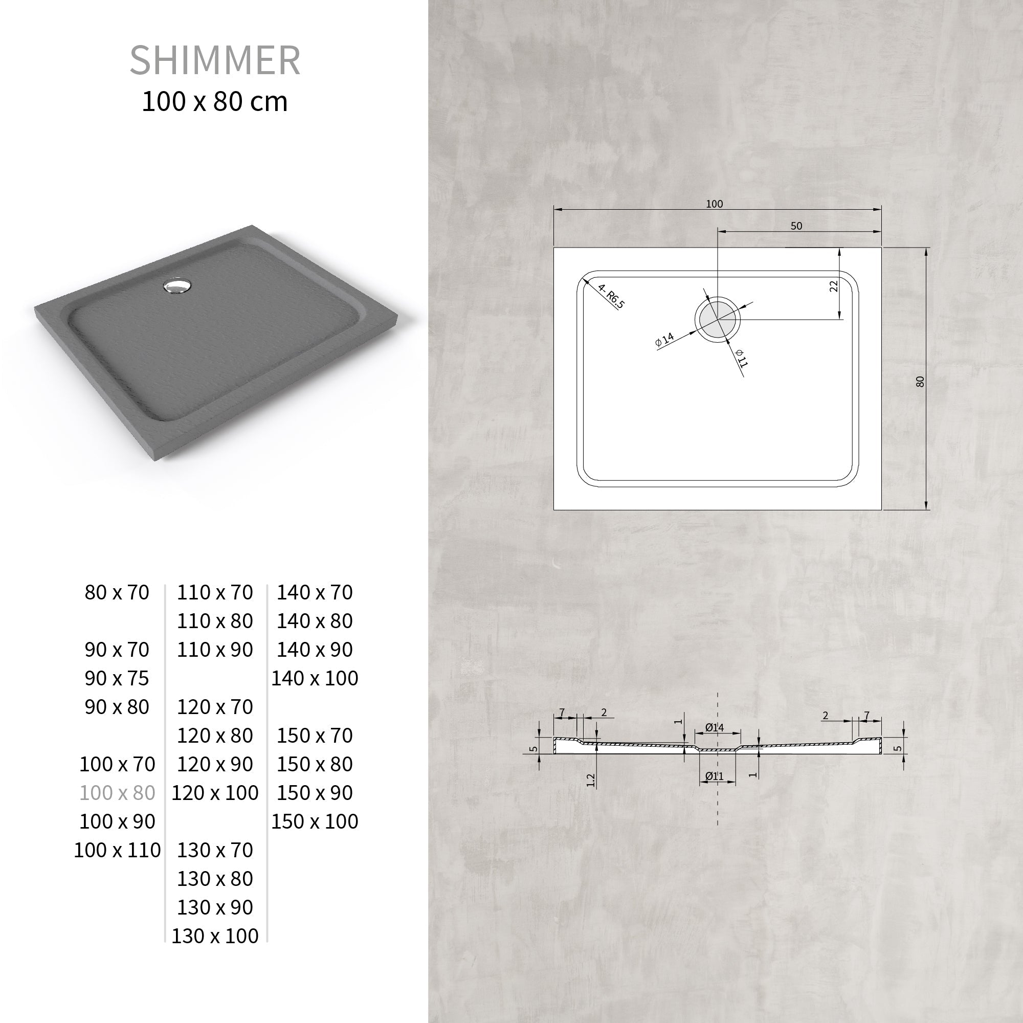 SHIMMER - Piatto doccia grigio Stone acrilico, texture pietra, ultrasottile 5 cm, sifone e valvola inclusi