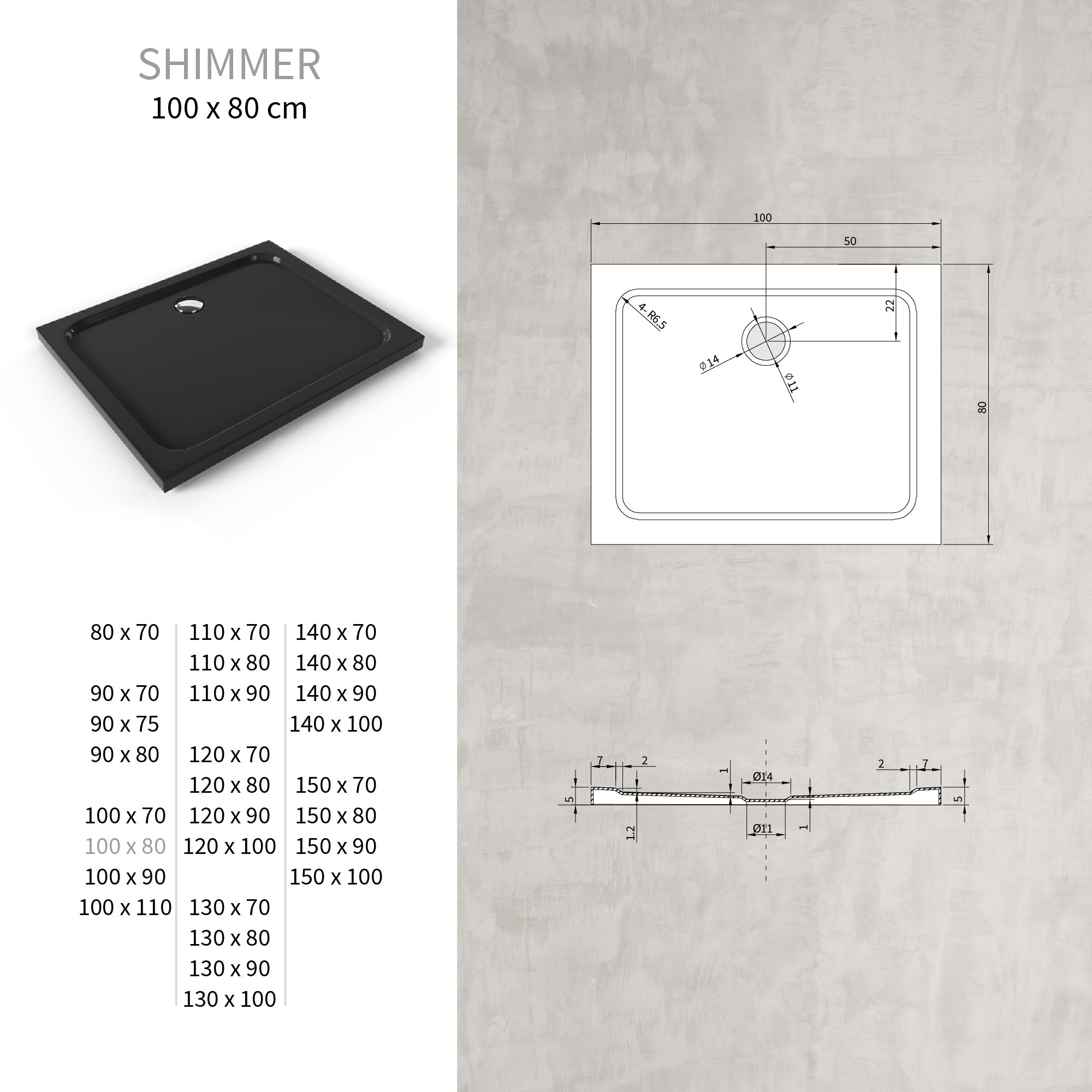SHIMMER - Piatto doccia nero Smooth acrilico, texture liscia, ultrasottile 5 cm, sifone e valvola inclusi