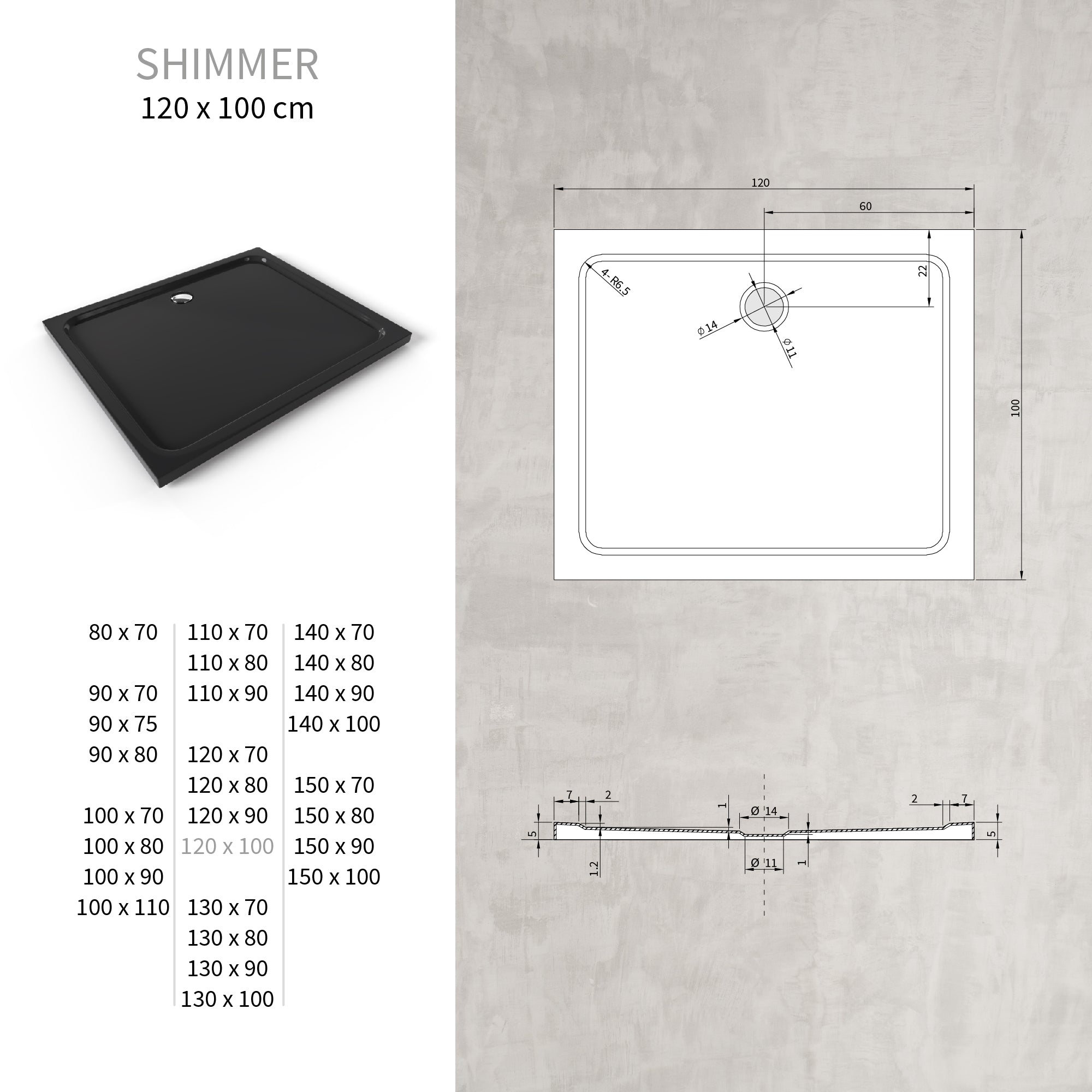 SHIMMER - Piatto doccia nero Smooth acrilico, texture liscia, ultrasottile 5 cm, sifone e valvola inclusi