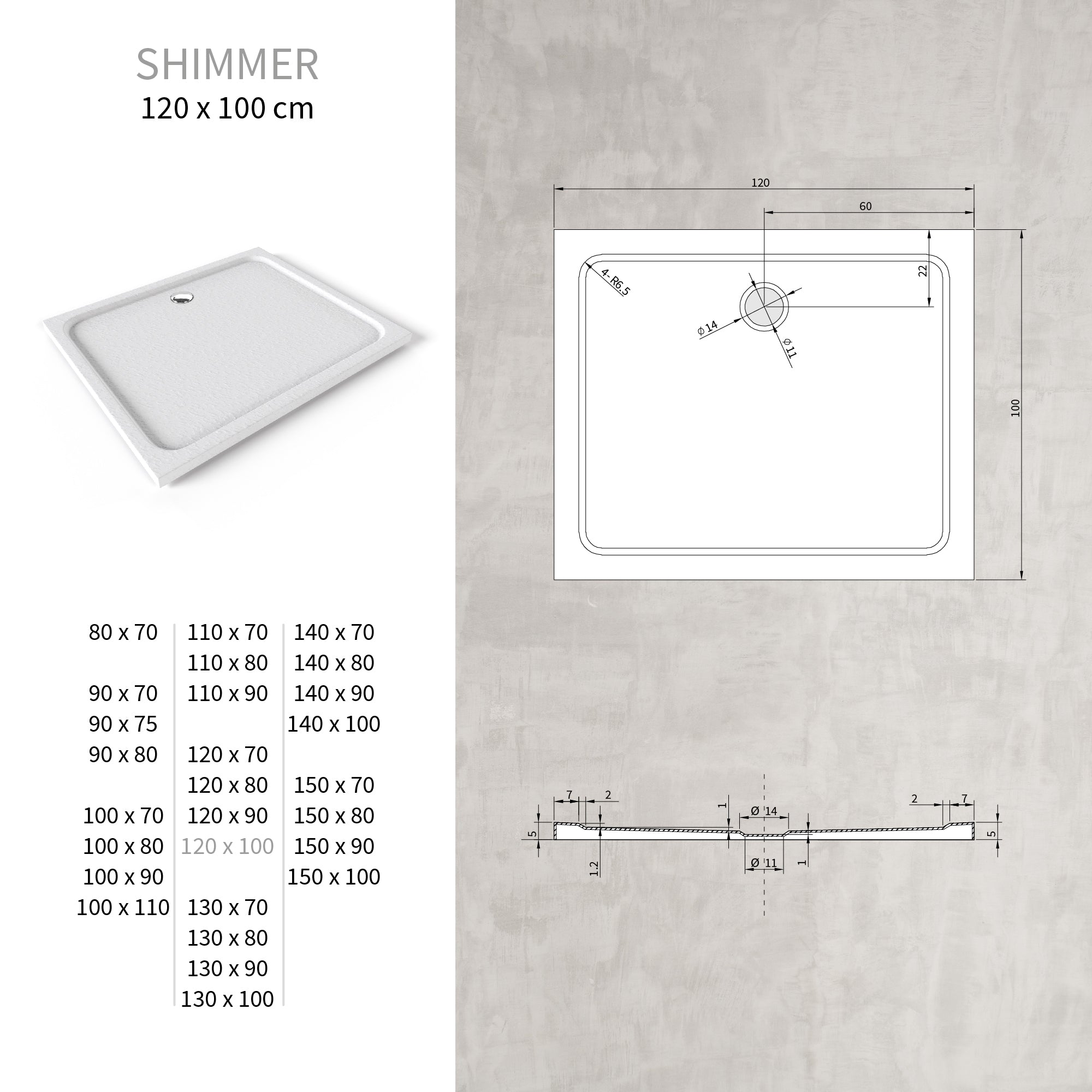 SHIMMER - Piatto doccia bianco Stone acrilico, texture pietra, ultrasottile 5 cm, sifone e valvola inclusi