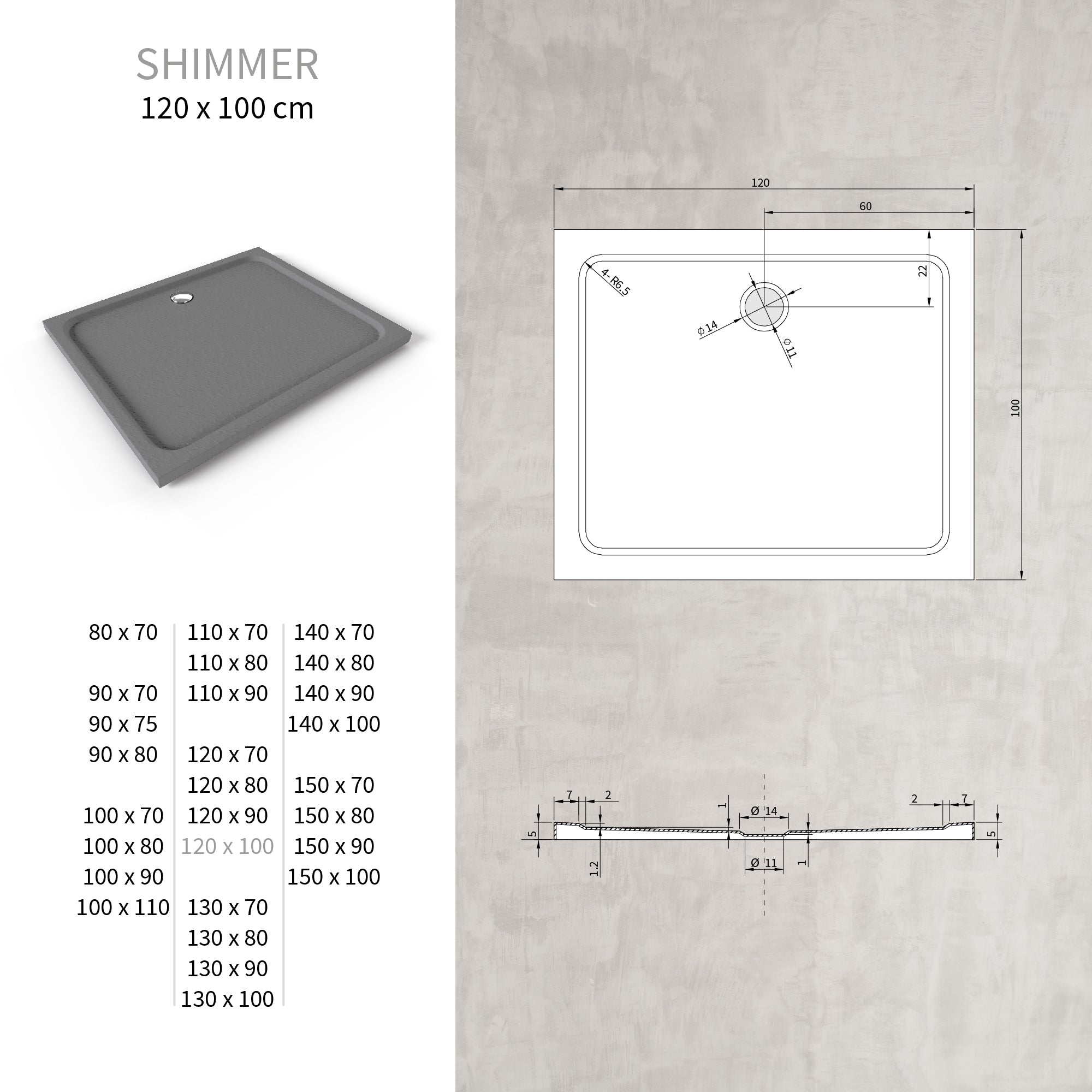 SHIMMER - Piatto doccia grigio Stone acrilico, texture pietra, ultrasottile 5 cm, sifone e valvola inclusi