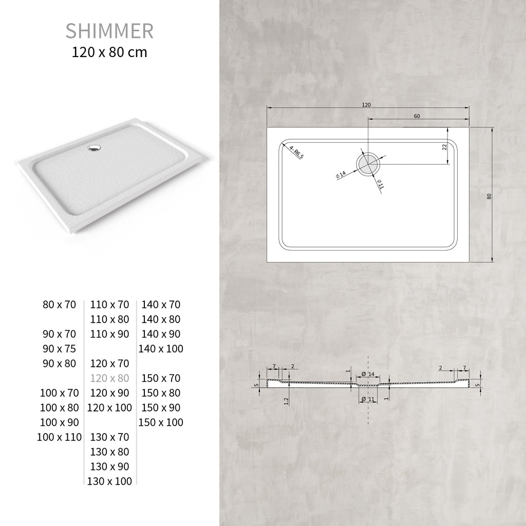 SHIMMER - Piatto doccia bianco Stone acrilico, texture pietra, ultrasottile 5 cm, sifone e valvola inclusi