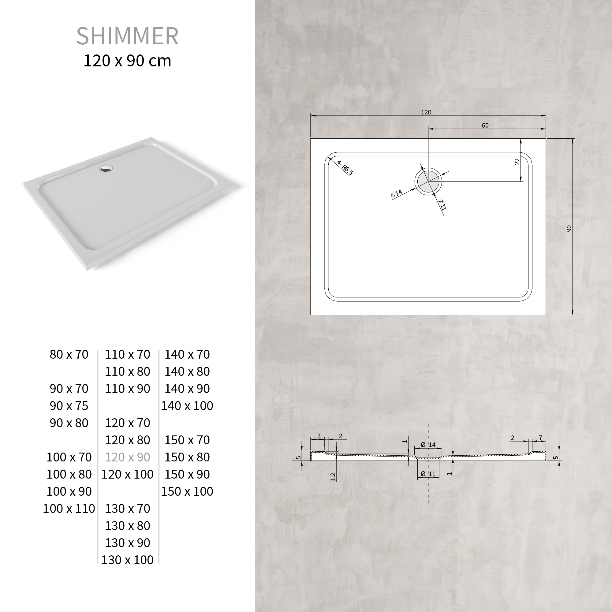 SHIMMER - Plato de ducha blanco Smooth acrílico, textura lisa, extraplano 5 cm, sifón y válvula incluidos