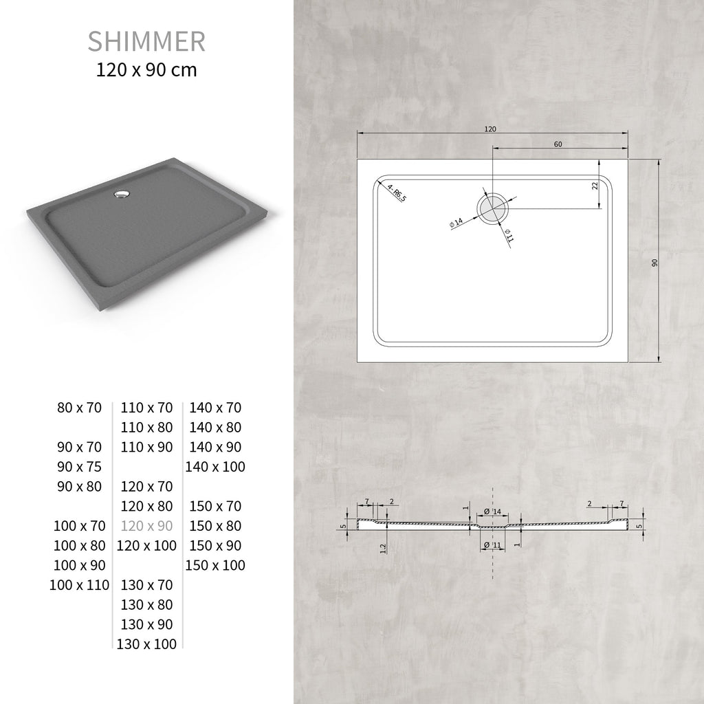 SHIMMER - Piatto doccia grigio Stone acrilico, texture pietra, ultrasottile 5 cm, sifone e valvola inclusi