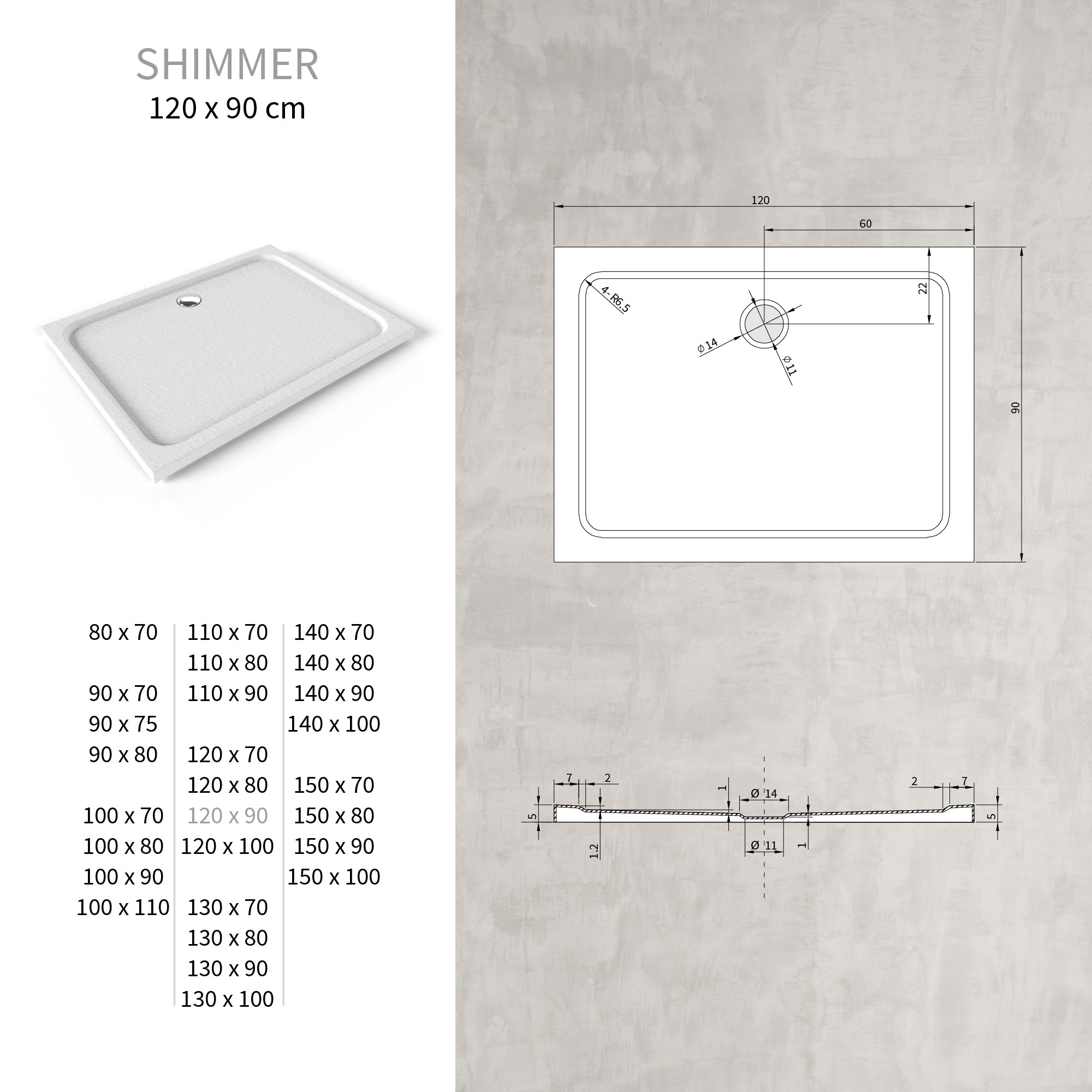 SHIMMER - Piatto doccia bianco Stone acrilico, texture pietra, ultrasottile 5 cm, sifone e valvola inclusi