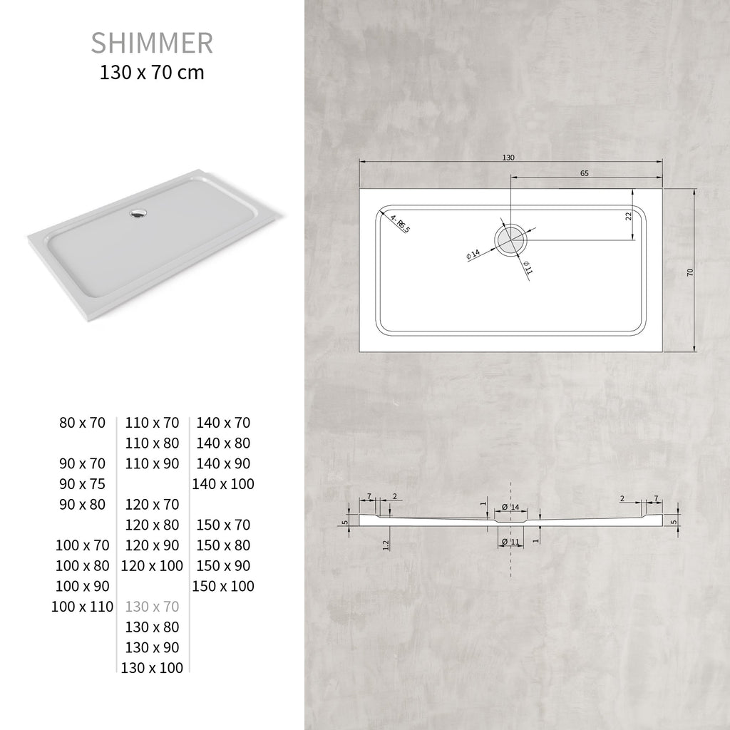SHIMMER - Plato de ducha blanco Smooth acrílico, textura lisa, extraplano 5 cm, sifón y válvula incluidos