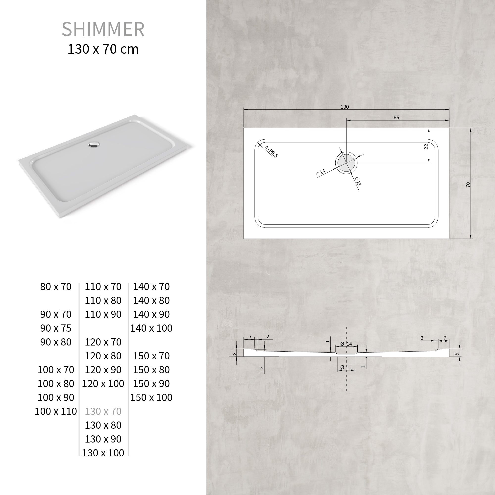 SHIMMER - Plato de ducha blanco Smooth acrílico, textura lisa, extraplano 5 cm, sifón y válvula incluidos