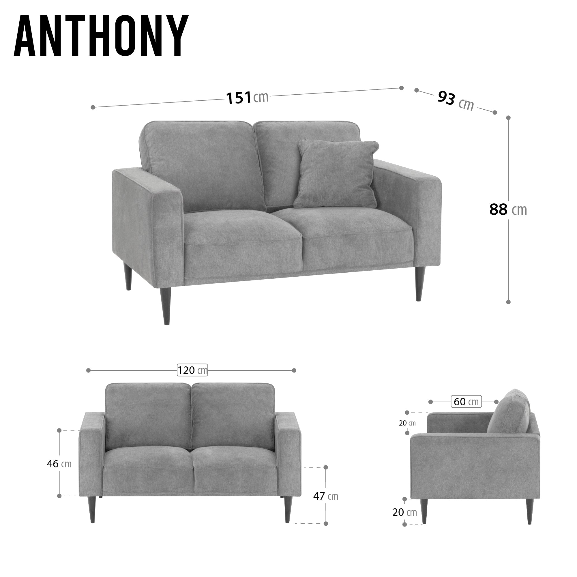 ANTHONY - Sofá de diseño moderno en poliéster gris (1 a 3 plazas)