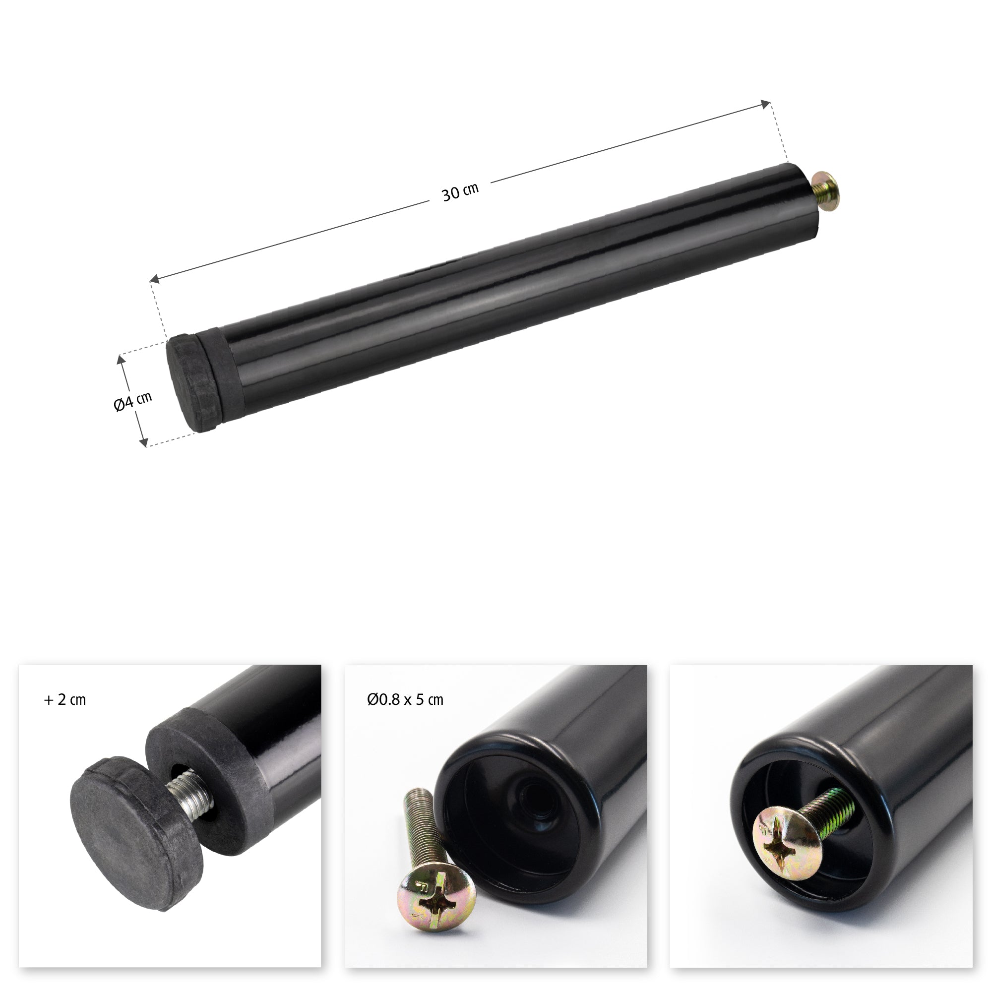 Pata Metálica de Apoyo en I Regulable de 30 cm Negra para Muebles, Somieres y Camas