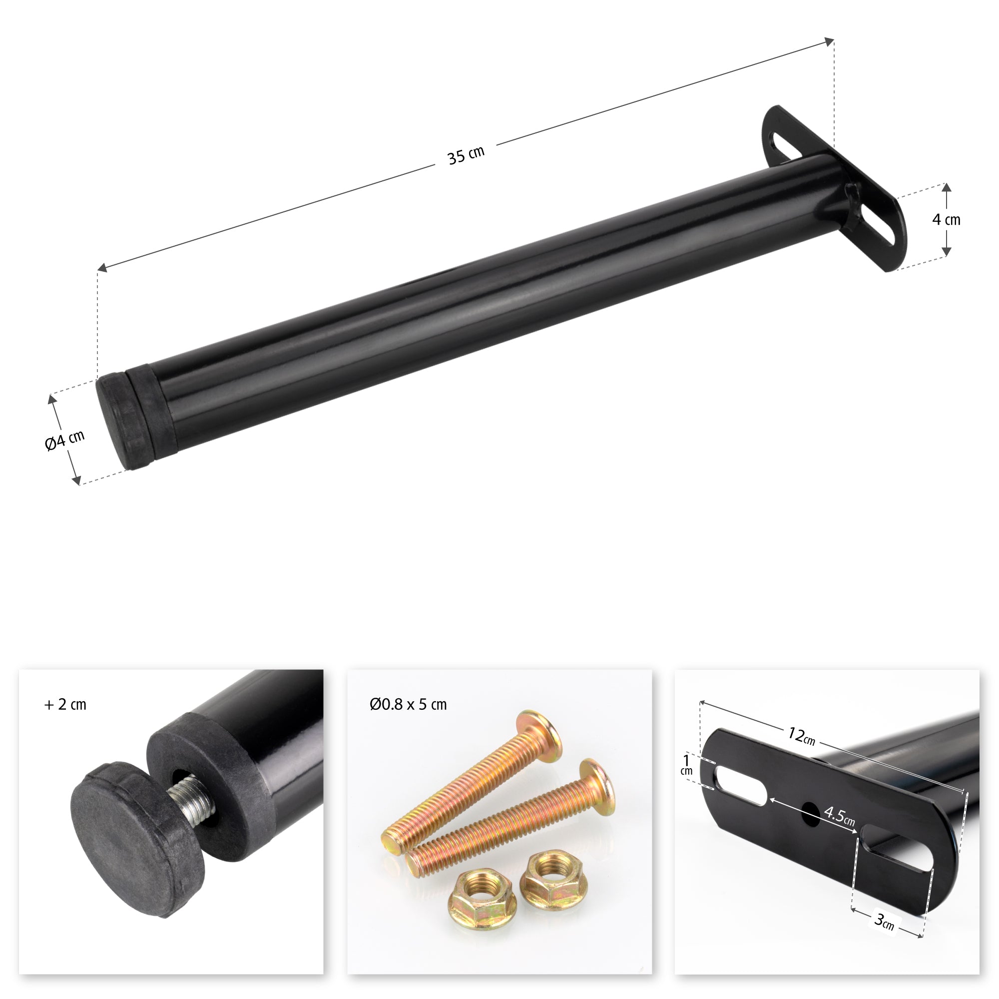 Pata Metálica de Apoyo en T (Negro), 35 cm, Regulable, para Muebles, Somieres y Camas