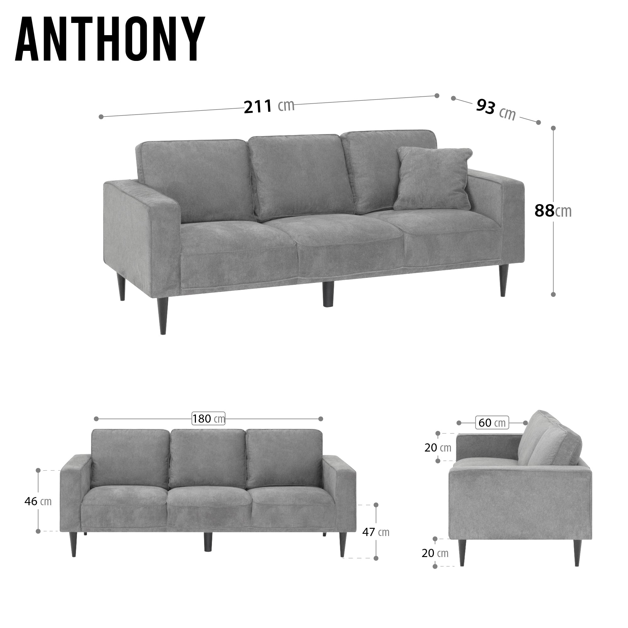 ANTHONY - Sofá de diseño moderno en poliéster gris (1 a 3 plazas)