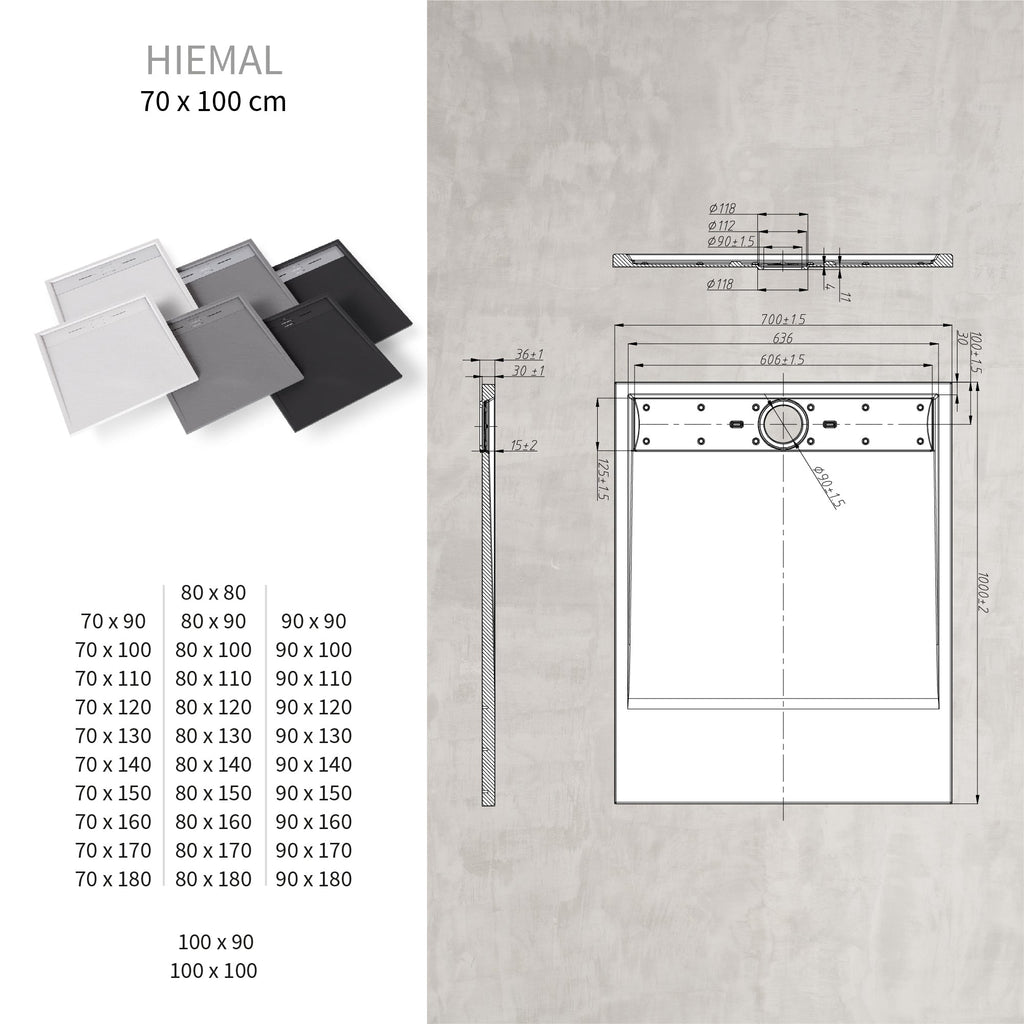 HIEMAL - Piatto doccia grigio antiscivolo, resistente e durevole - Incl. sifone e griglia inox