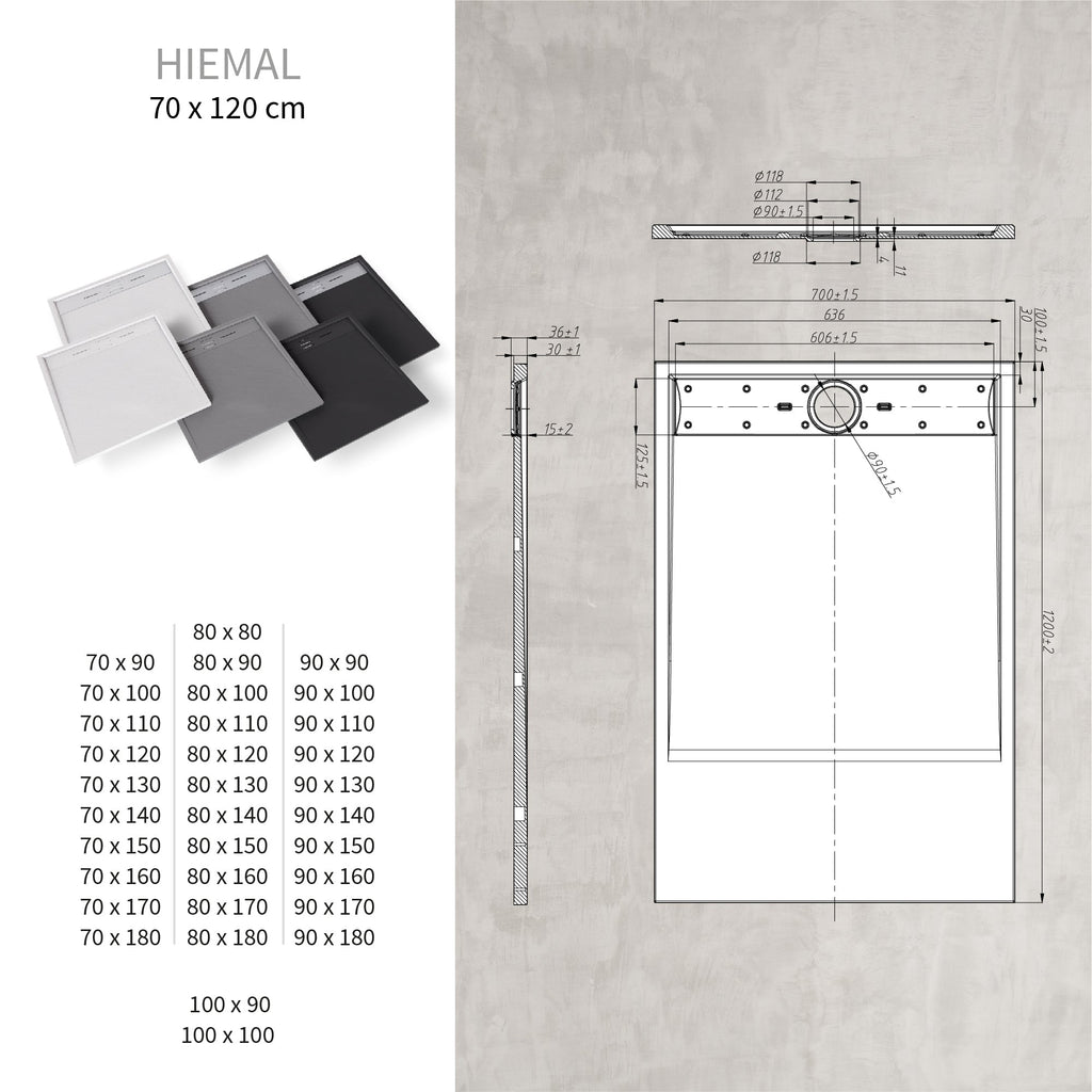 HIEMAL - Piatto doccia grigio antiscivolo, resistente e durevole - Incl. sifone e griglia inox