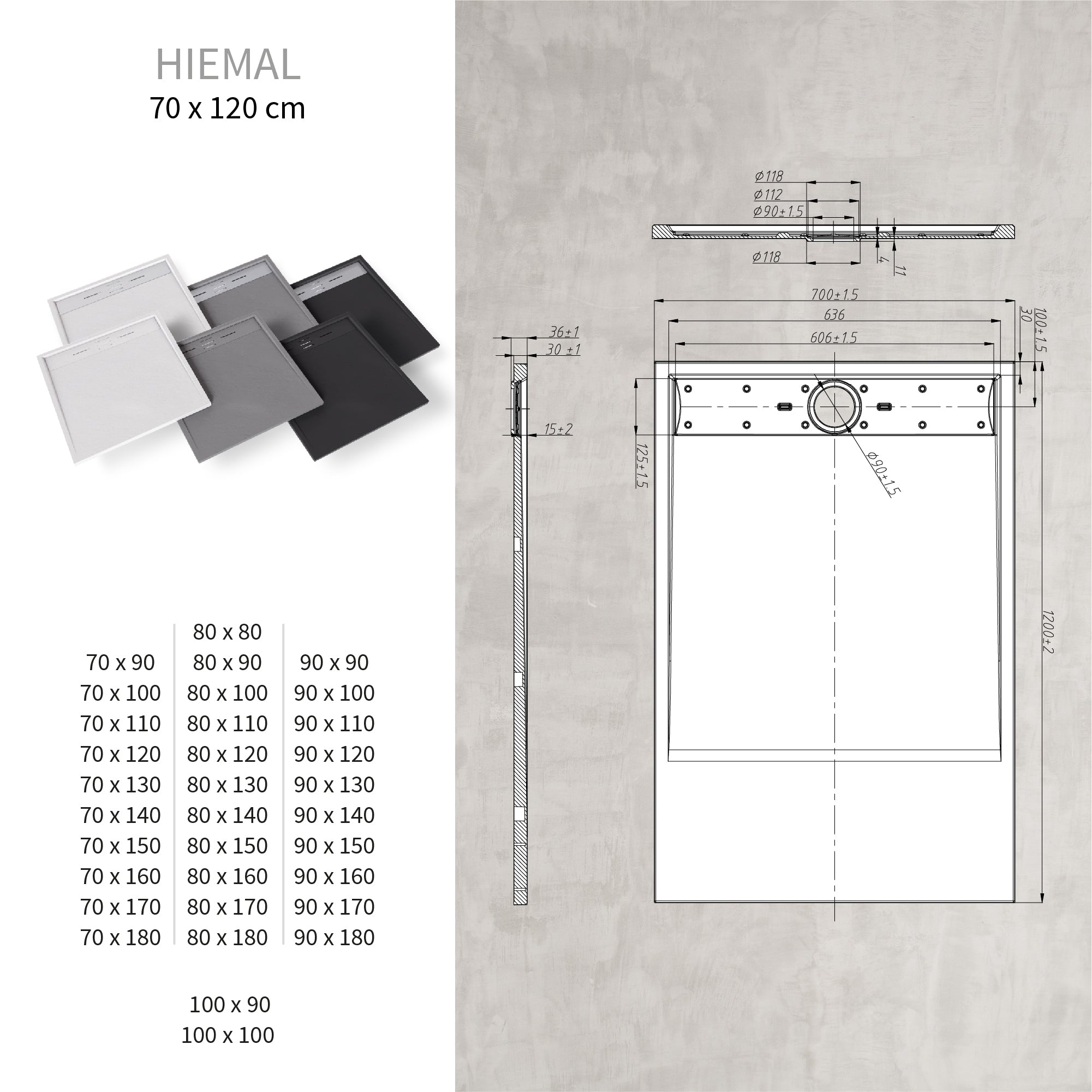 HIEMAL - Piatto doccia nero antiscivolo, resistente, durevole e facile da pulire - Include sifone