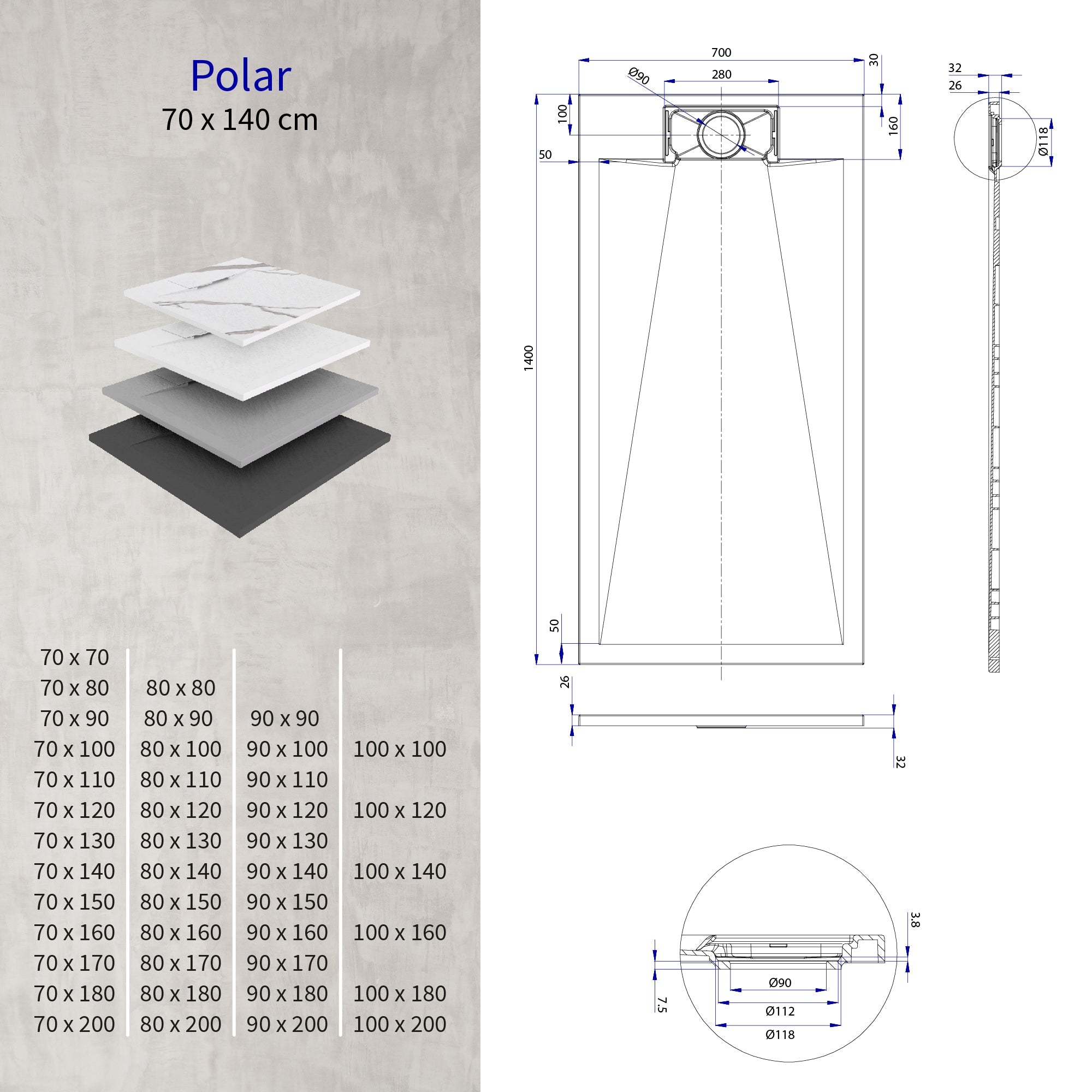 POLAR - Piatto doccia grigio antiscivolo, resistente, durevole e facile da pulire - Incl. sifone