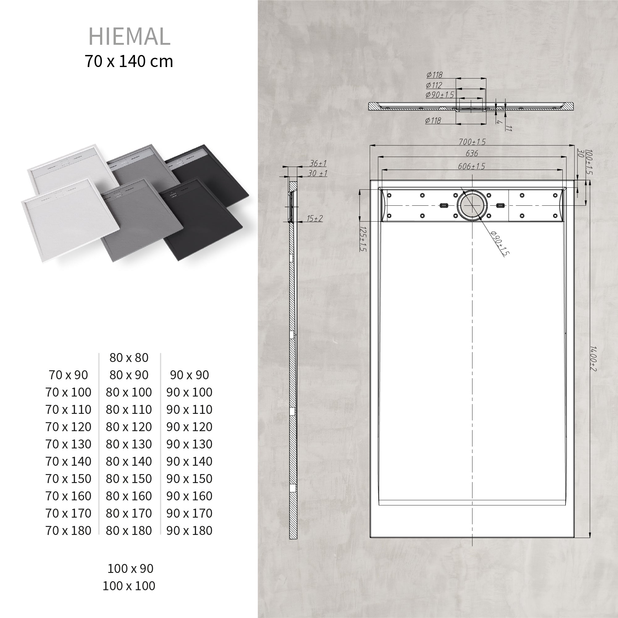 HIEMAL - Piatto doccia nero antiscivolo, resistente, durevole e facile da pulire - Include sifone