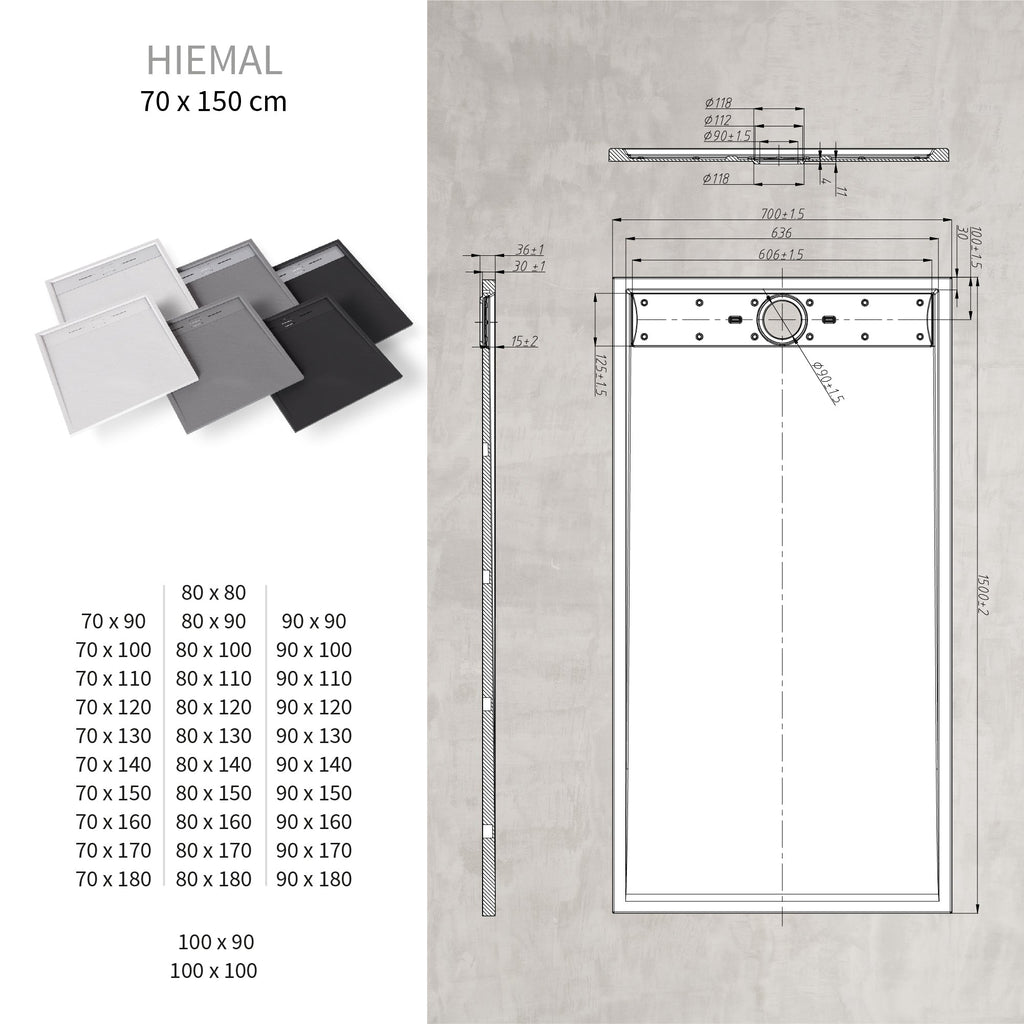 HIEMAL - Piatto doccia grigio antiscivolo, resistente e durevole - Incl. sifone e griglia inox