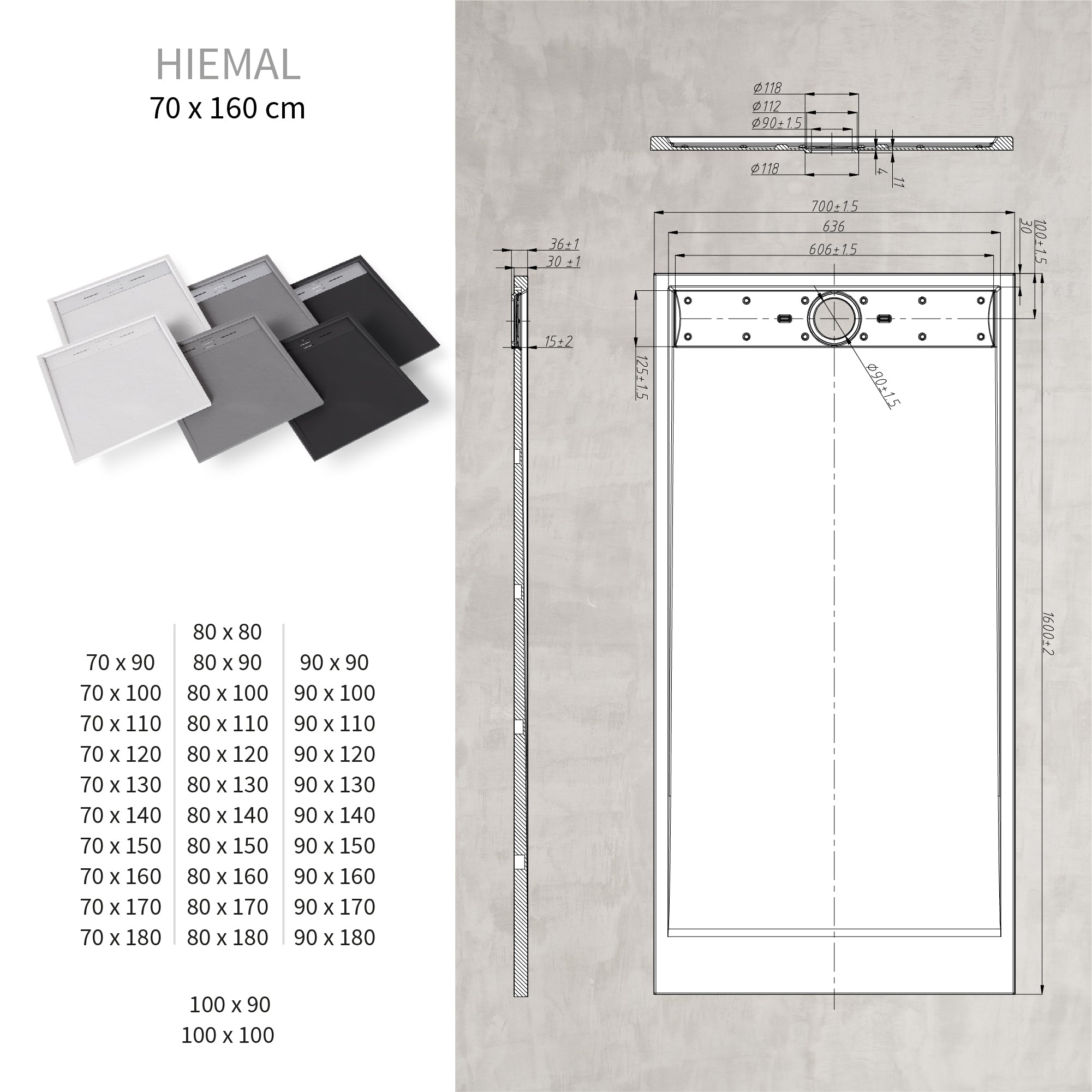 HIEMAL - Piatto doccia grigio antiscivolo, resistente e durevole - Incl. sifone e griglia inox