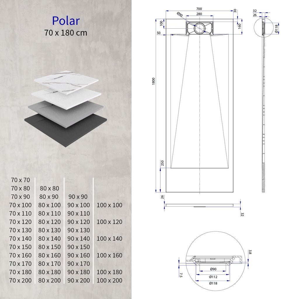 POLAR - Piatto doccia bianco antiscivolo, resistente, durevole e facile da pulire - Incl. sifone