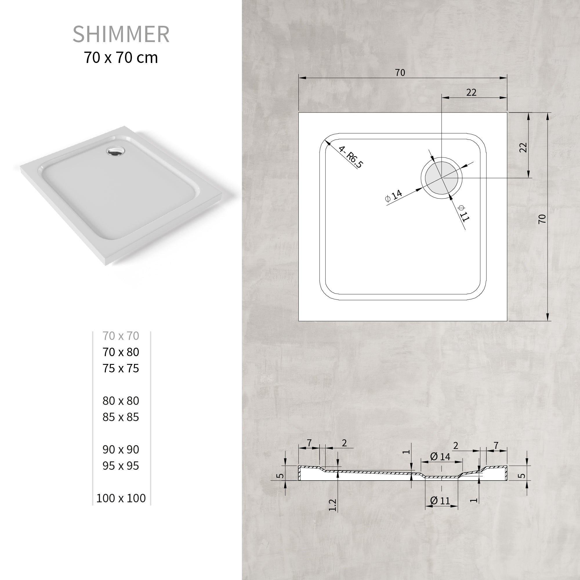SHIMMER - Plato de ducha blanco Smooth acrílico, textura lisa, extraplano 5 cm, sifón y válvula incluidos