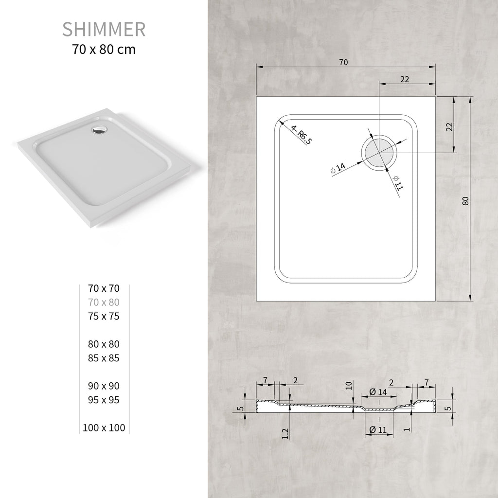 SHIMMER - Plato de ducha blanco Smooth acrílico, textura lisa, extraplano 5 cm, sifón y válvula incluidos