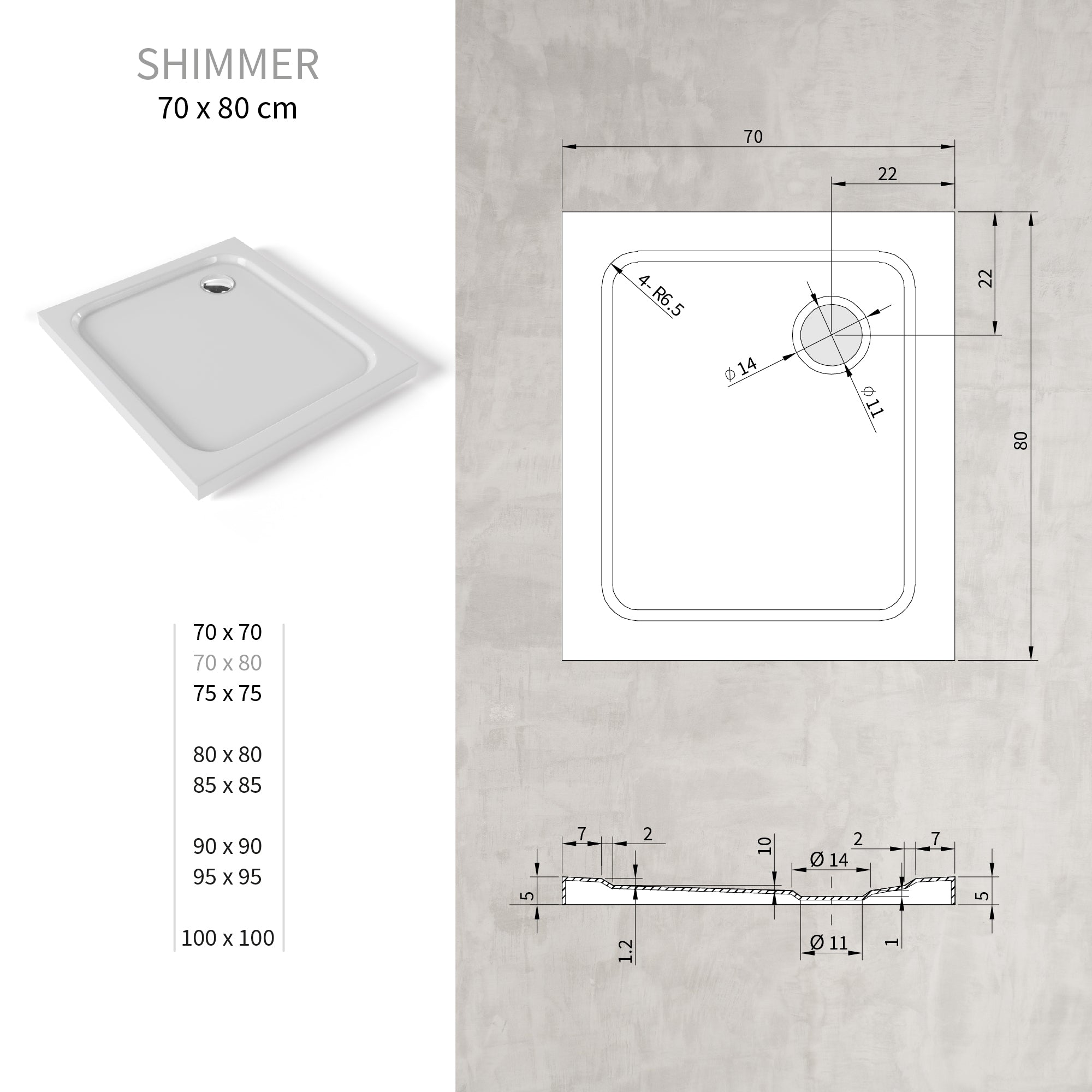 SHIMMER - Plato de ducha blanco Smooth acrílico, textura lisa, extraplano 5 cm, sifón y válvula incluidos