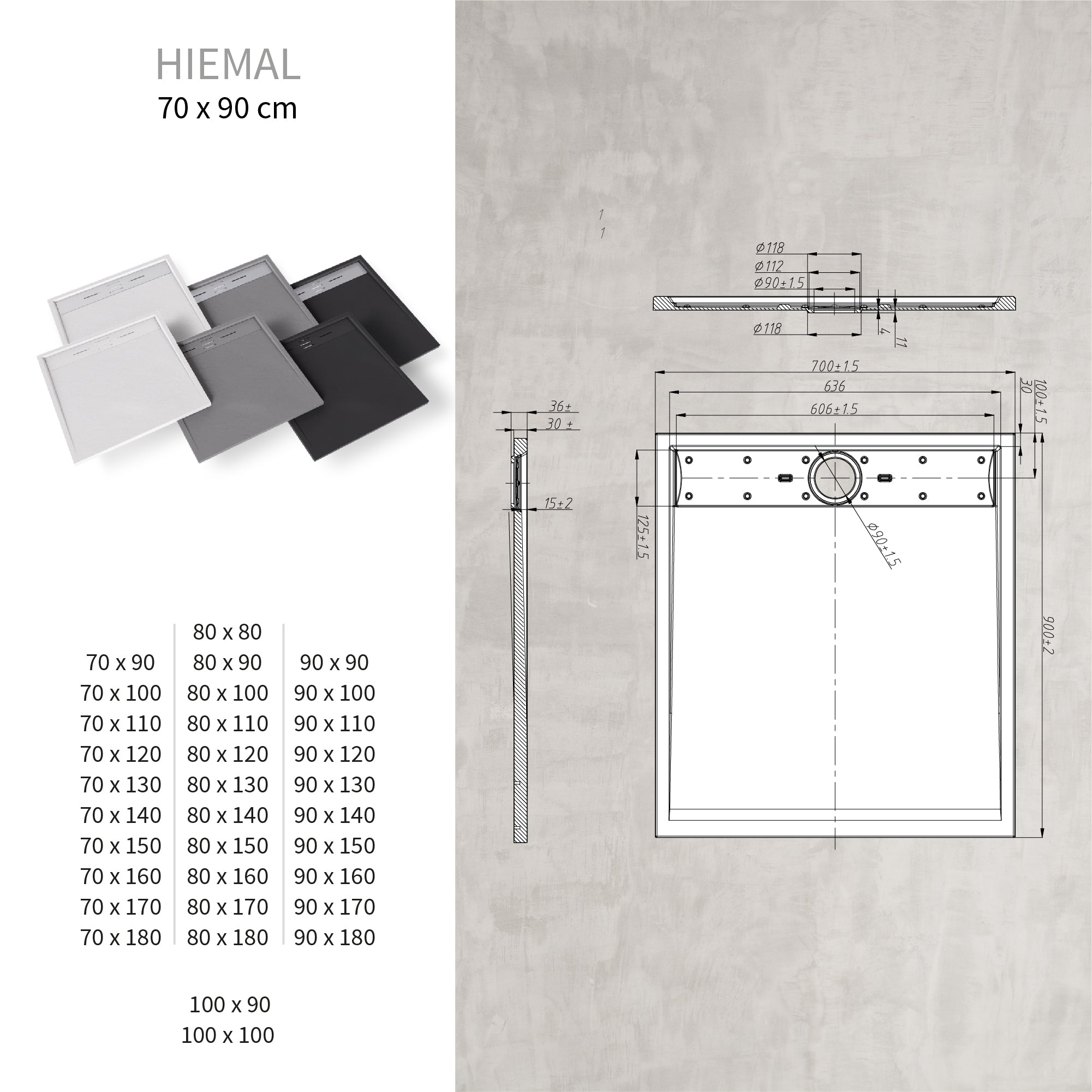 HIEMAL - Piatto doccia nero antiscivolo, resistente, durevole e facile da pulire - Include sifone
