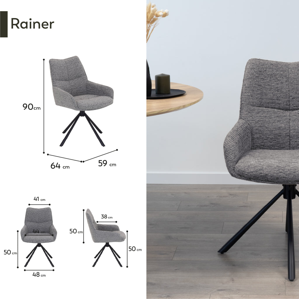 RAINER - Conjunto de 2 cadeiras de jantar em tecido cinzento estofadas giratórias 360°