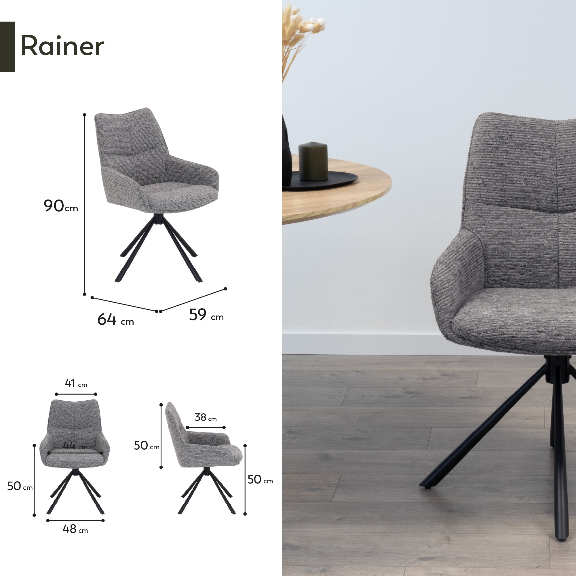 RAINER - Conjunto de 2 cadeiras de jantar em tecido cinzento estofadas giratórias 360°