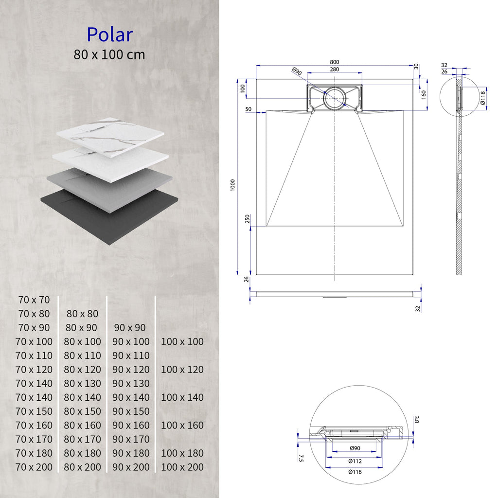 POLAR - Piatto doccia nero antiscivolo, resistente, durevole e facile da pulire - Incl. sifone