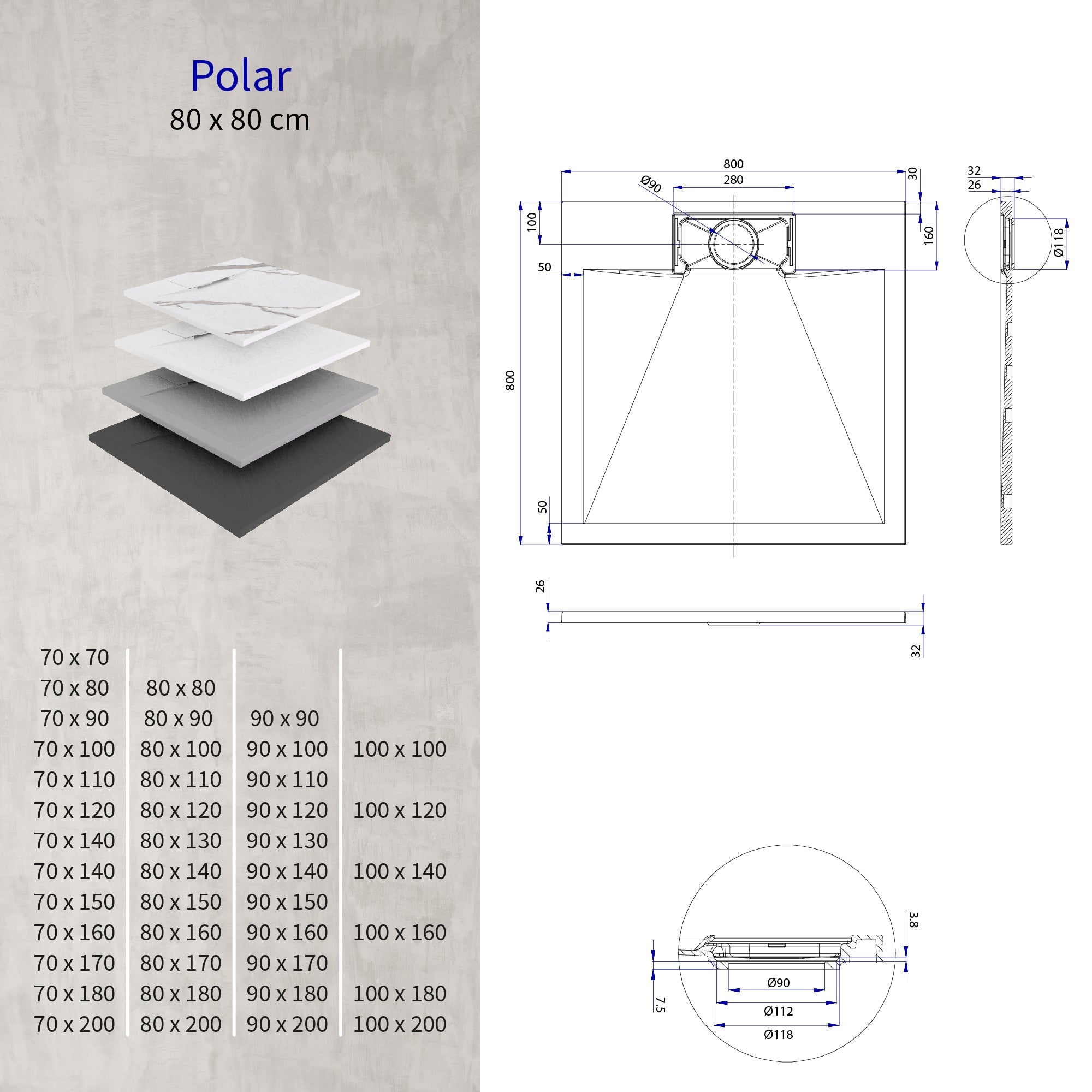POLAR - Piatto doccia grigio antiscivolo, resistente, durevole e facile da pulire - Incl. sifone