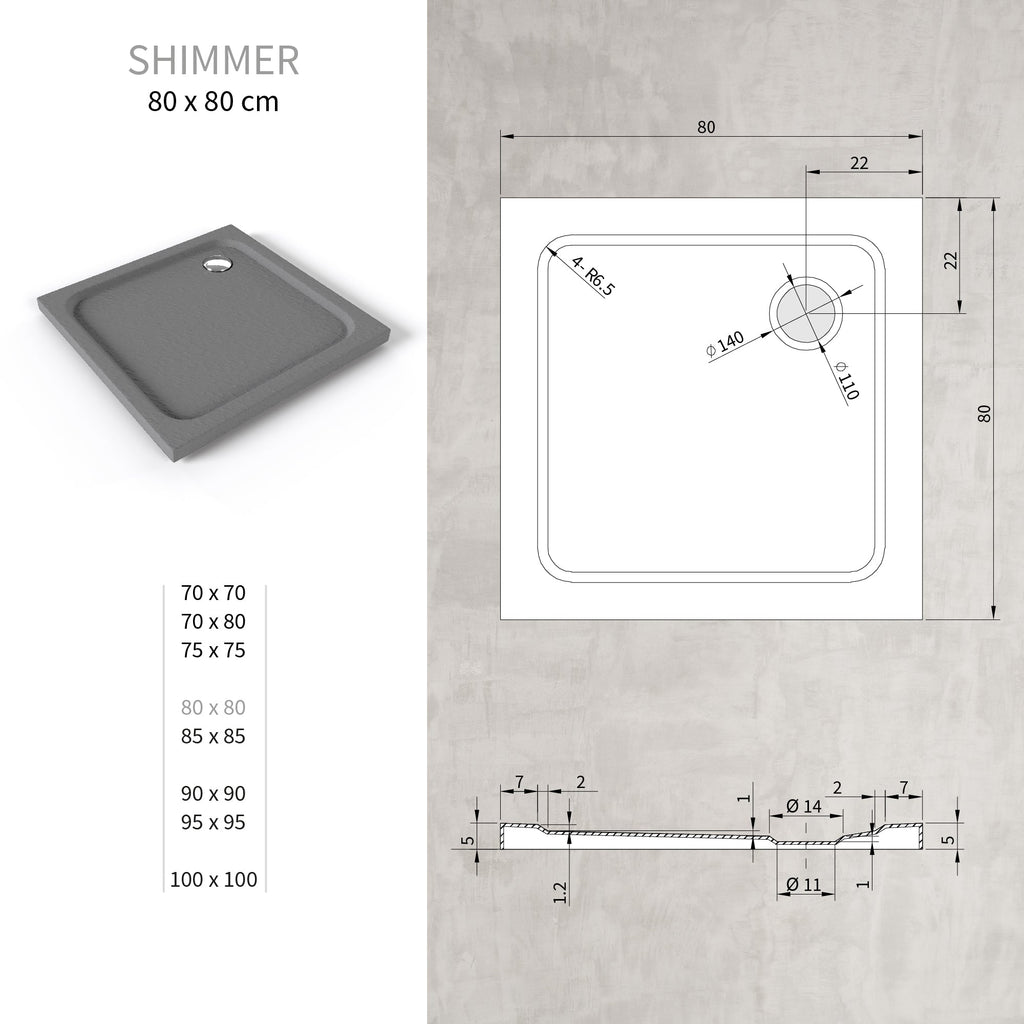 SHIMMER - Piatto doccia grigio Stone acrilico, texture pietra, ultrasottile 5 cm, sifone e valvola inclusi