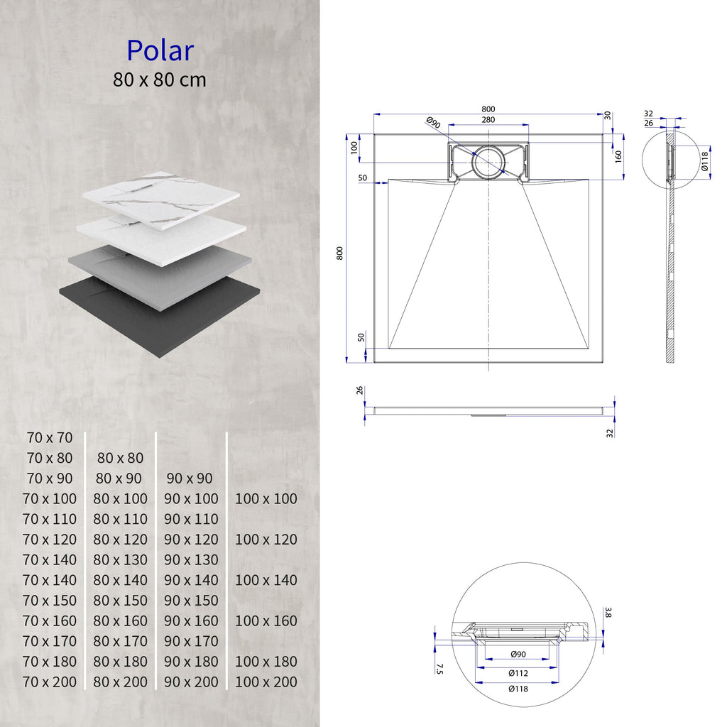 POLAR - Piatto doccia Carrara antiscivolo, resistente, durevole e facile da pulire - Incl. sifone