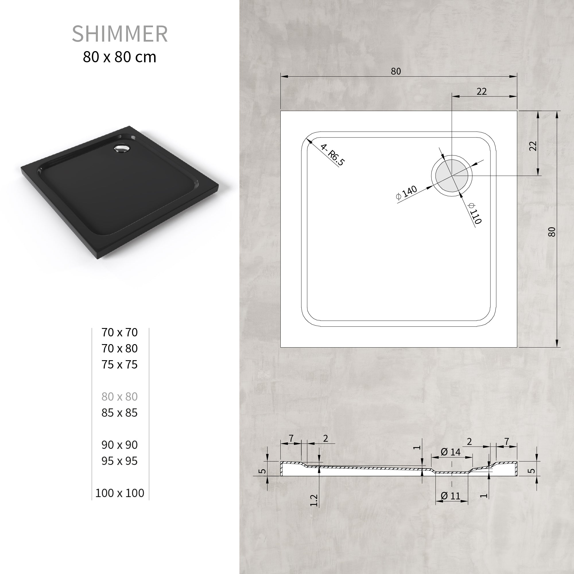 SHIMMER - Piatto doccia nero Smooth acrilico, texture liscia, ultrasottile 5 cm, sifone e valvola inclusi