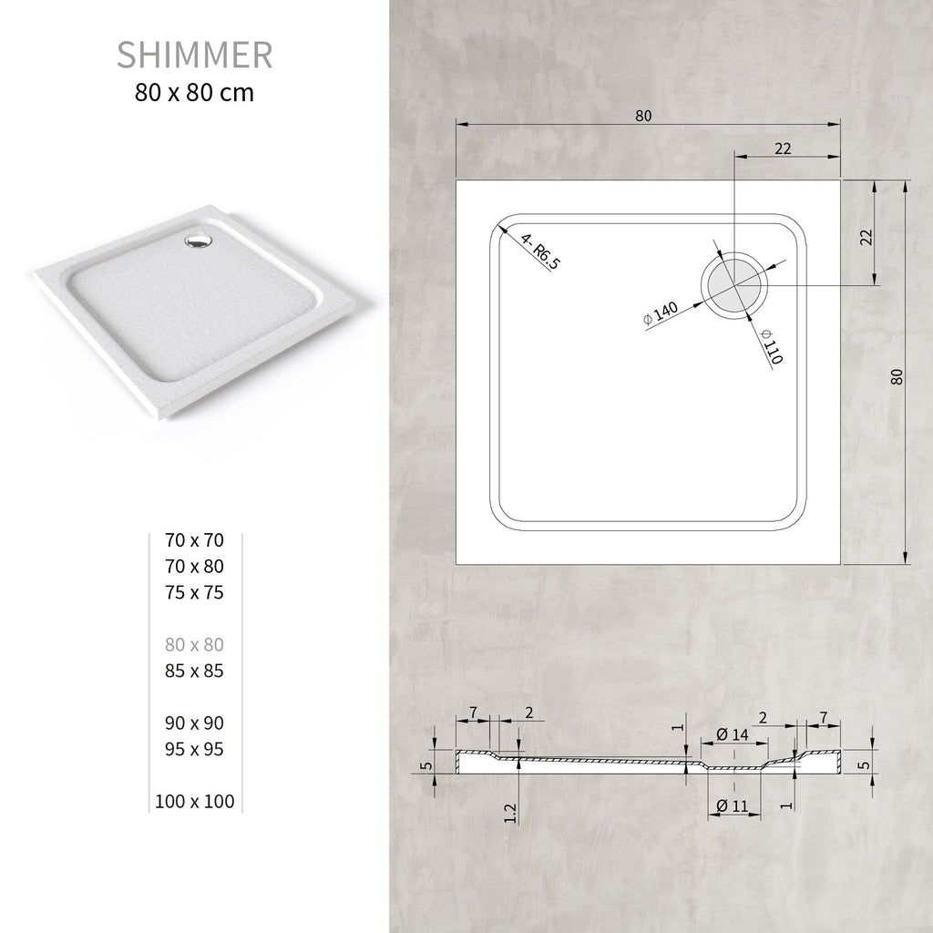 SHIMMER - Piatto doccia bianco Stone acrilico, texture pietra, ultrasottile 5 cm, sifone e valvola inclusi