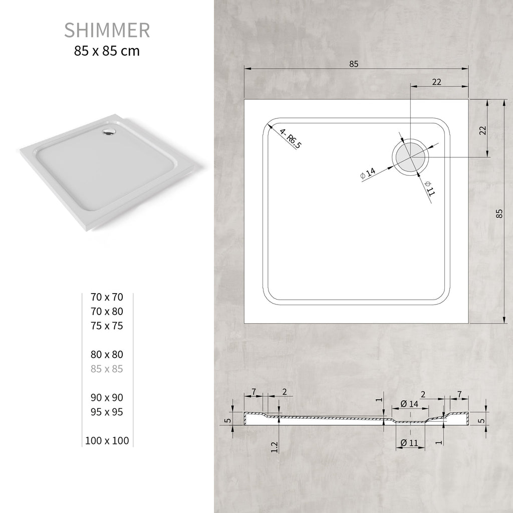 SHIMMER - Plato de ducha blanco Smooth acrílico, textura lisa, extraplano 5 cm, sifón y válvula incluidos