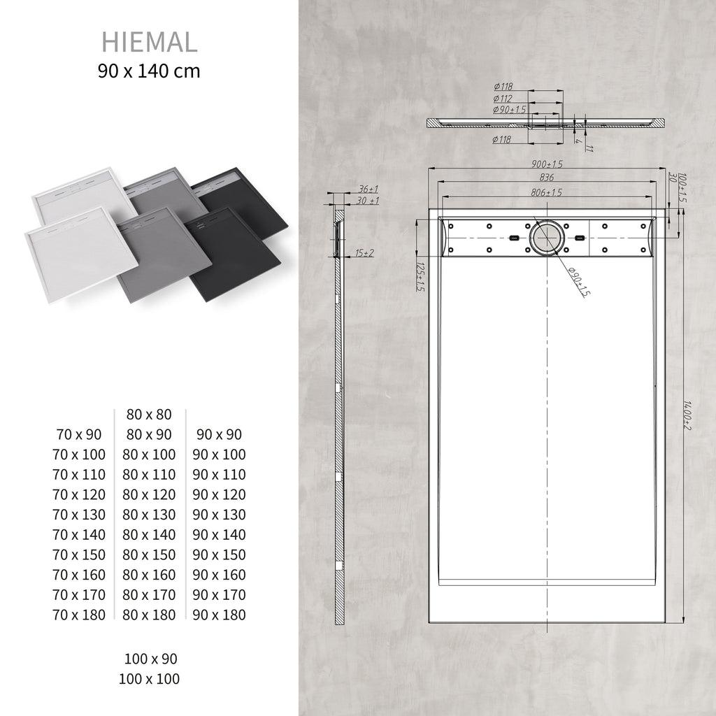 HIEMAL - Piatto doccia bianco antiscivolo, resistente e durevole - Incl. sifone e griglia inox