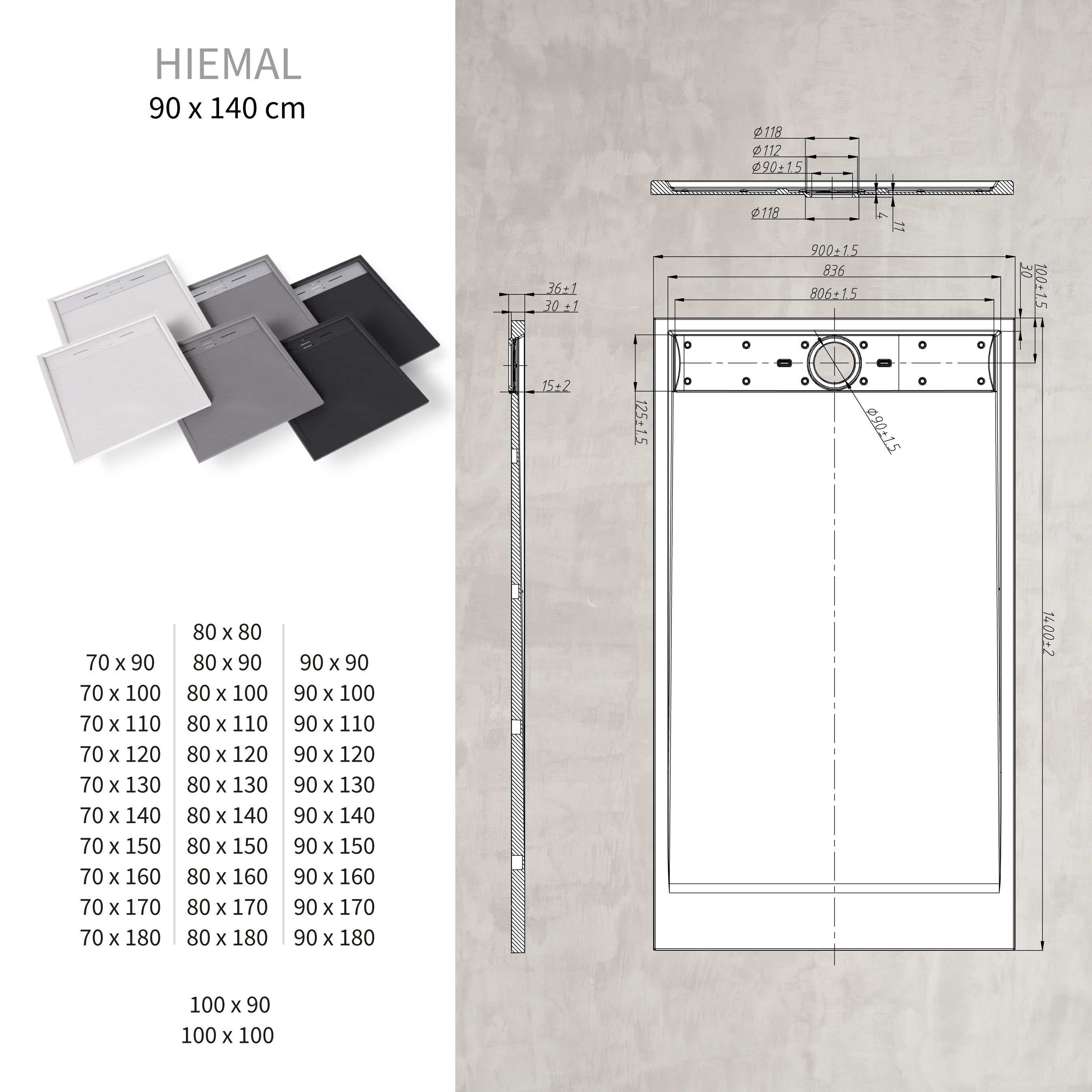 HIEMAL - Piatto doccia nero antiscivolo, resistente, durevole e facile da pulire - Include sifone