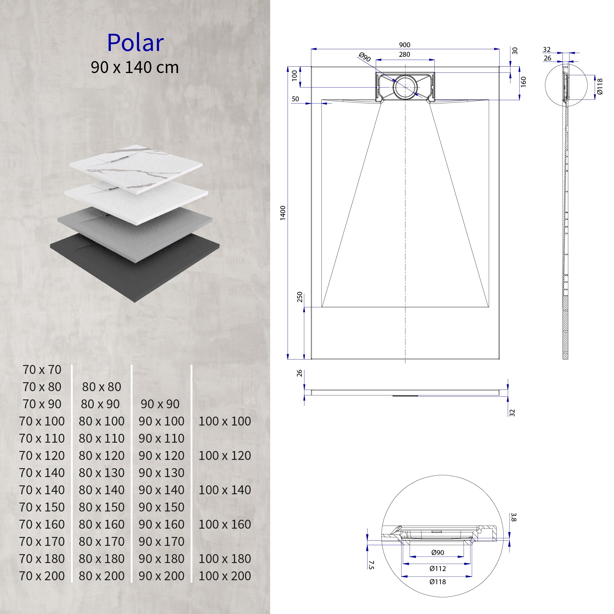 POLAR - Piatto doccia bianco antiscivolo, resistente, durevole e facile da pulire - Incl. sifone