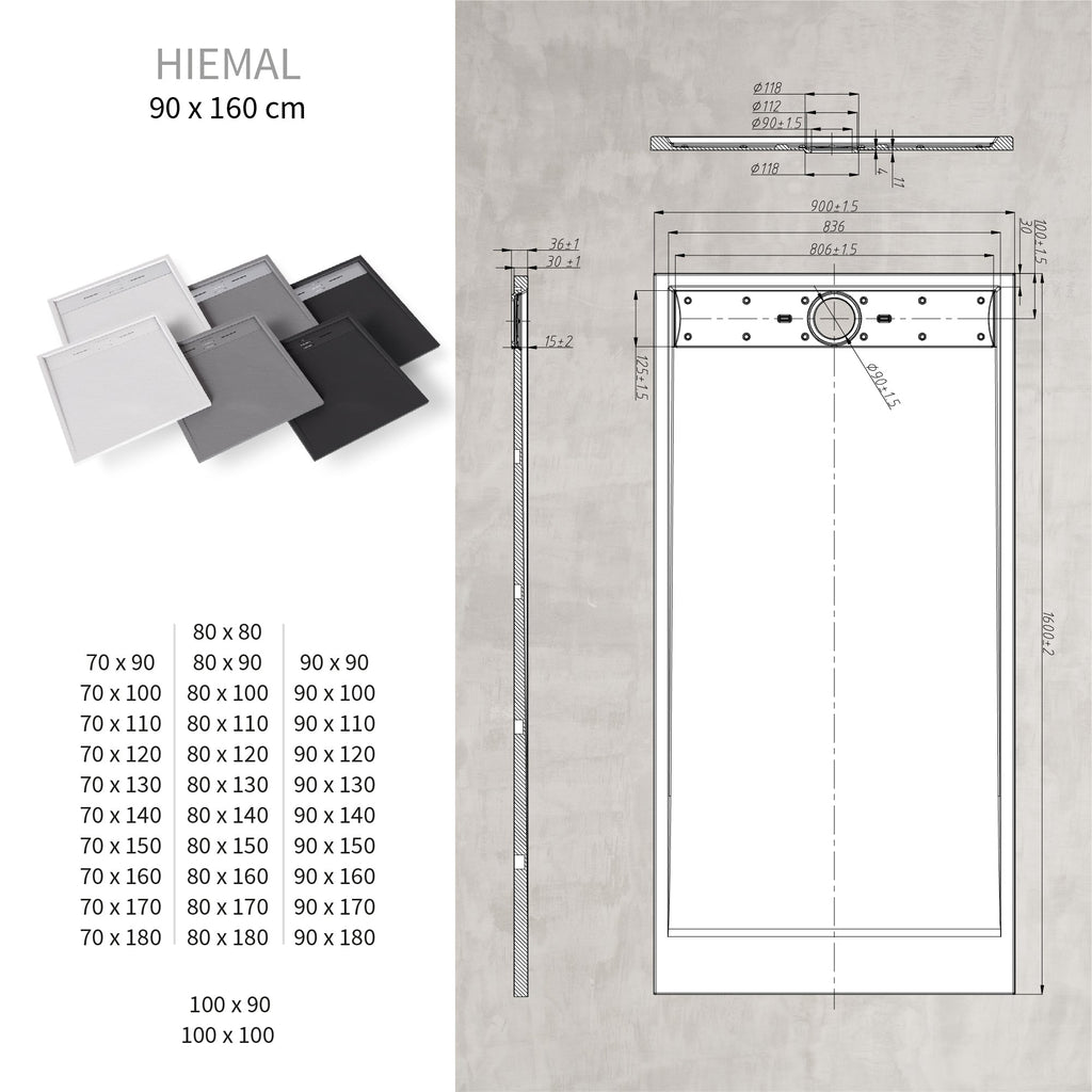 HIEMAL - Piatto doccia grigio antiscivolo, resistente e durevole - Incl. sifone e griglia inox