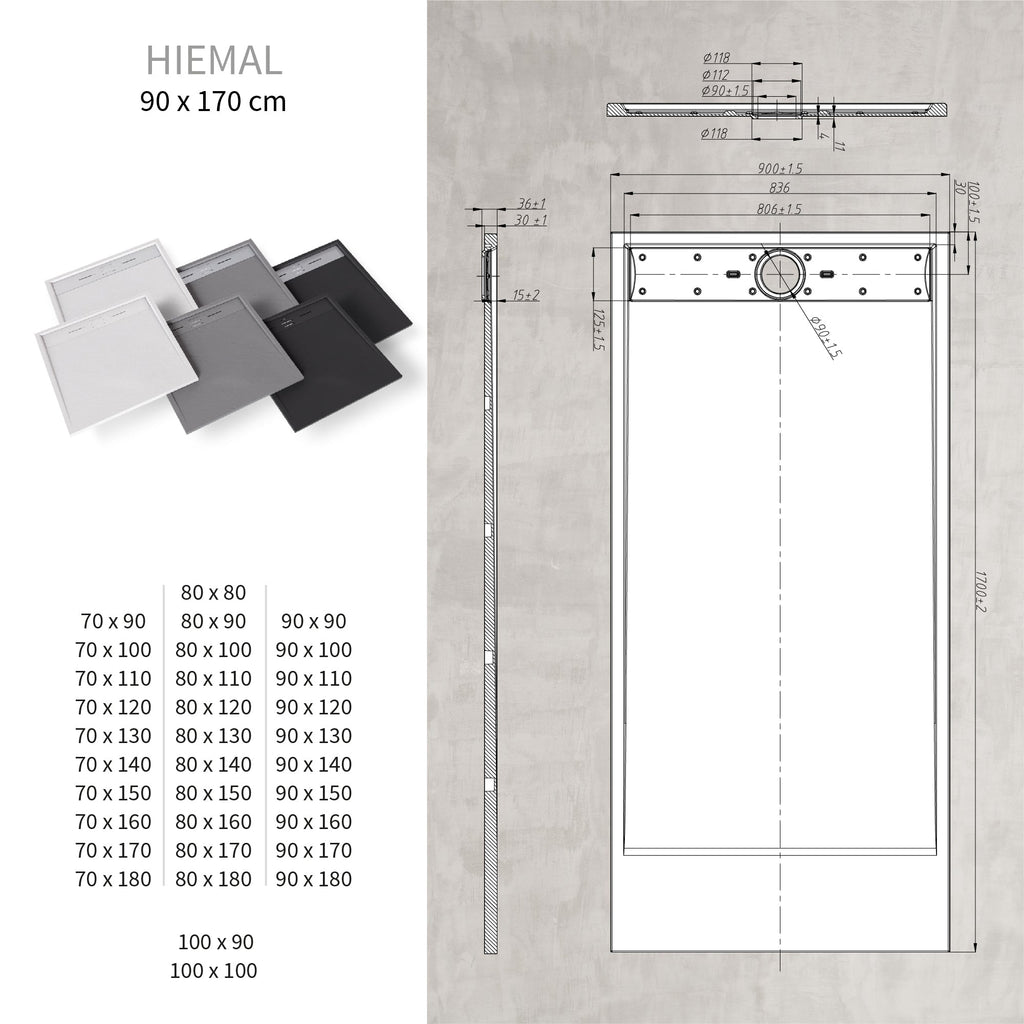 HIEMAL - Piatto doccia nero antiscivolo, resistente e durevole - Incl. sifone e griglia inox