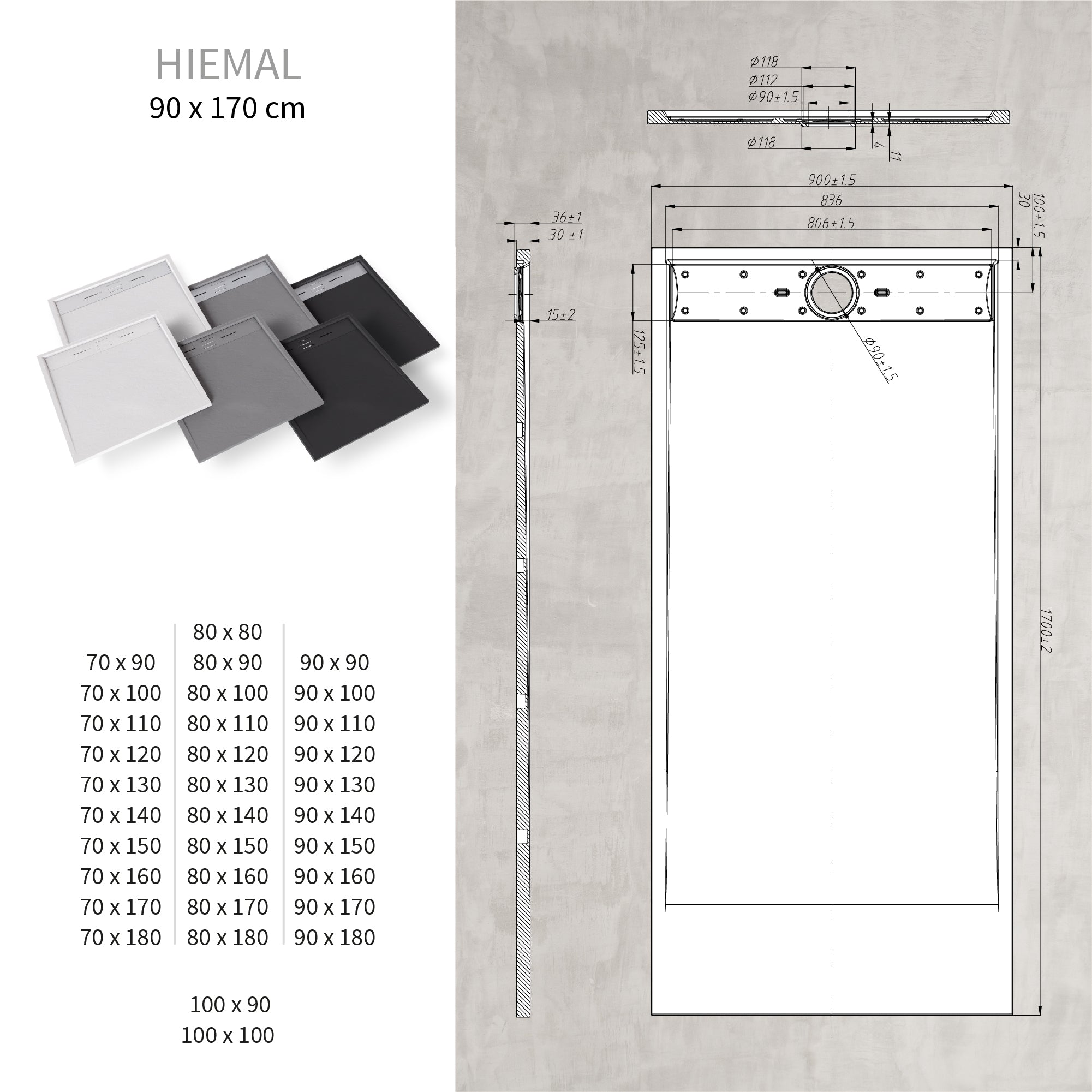HIEMAL - Piatto doccia nero antiscivolo, resistente, durevole e facile da pulire - Include sifone