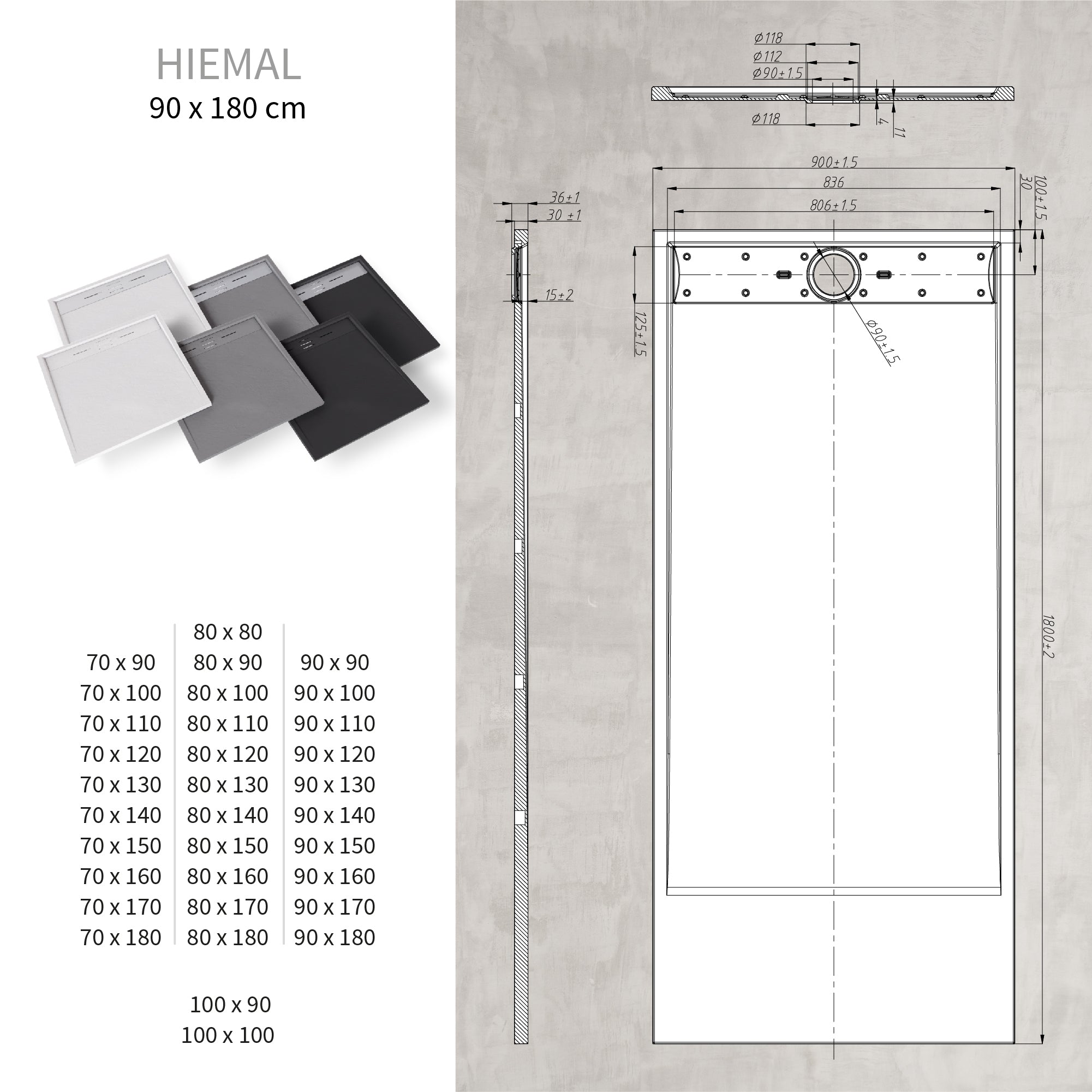 HIEMAL - Piatto doccia grigio antiscivolo, resistente e durevole - Incl. sifone e griglia inox