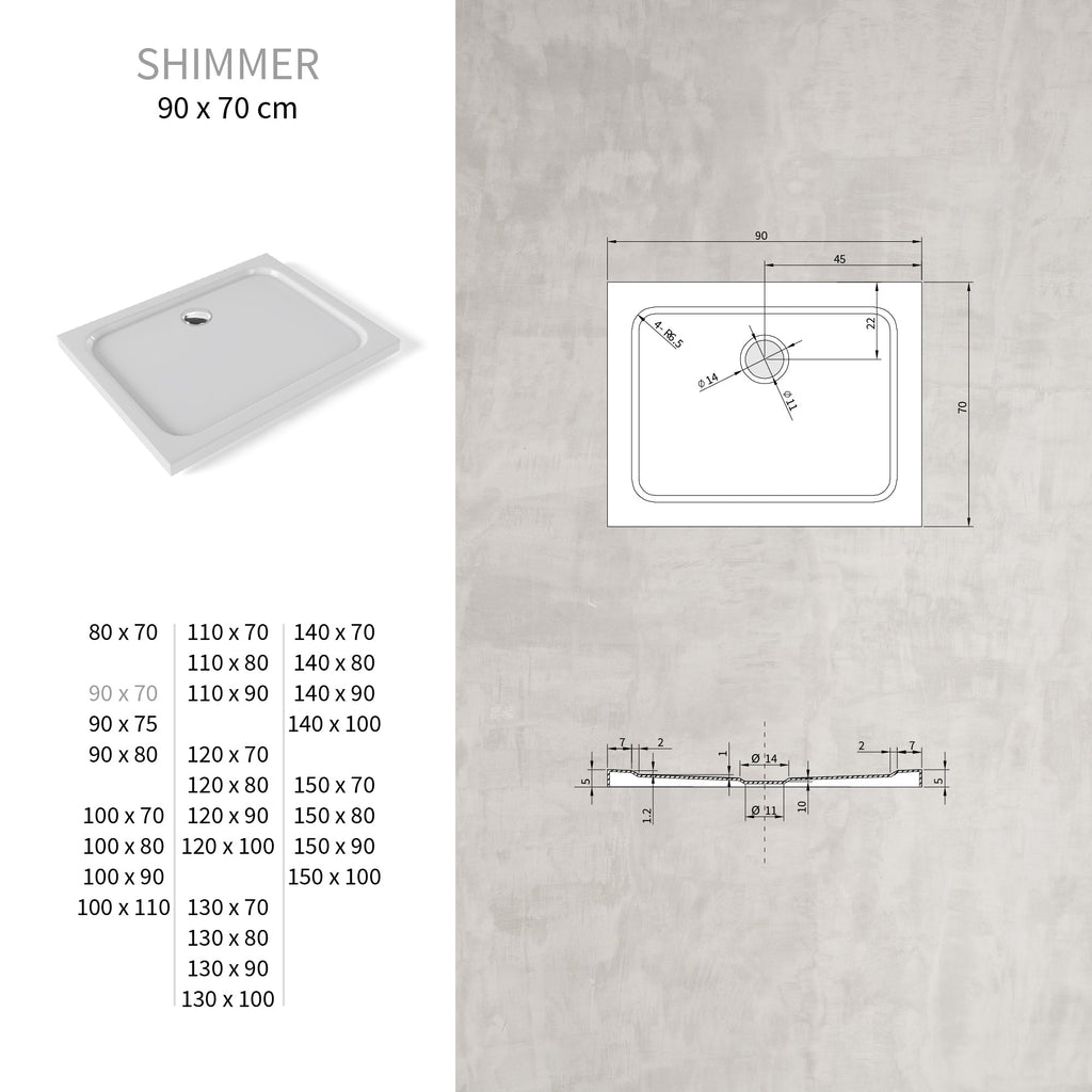 SHIMMER - Plato de ducha blanco Smooth acrílico, textura lisa, extraplano 5 cm, sifón y válvula incluidos