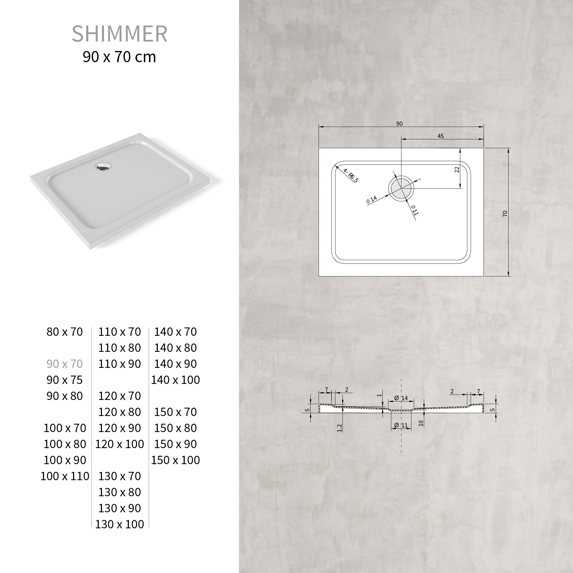 SHIMMER - Plato de ducha blanco Smooth acrílico, textura lisa, extraplano 5 cm, sifón y válvula incluidos