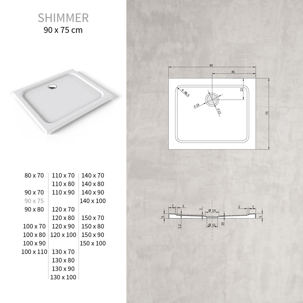 SHIMMER - Piatto doccia bianco Stone acrilico, texture pietra, ultrasottile 5 cm, sifone e valvola inclusi